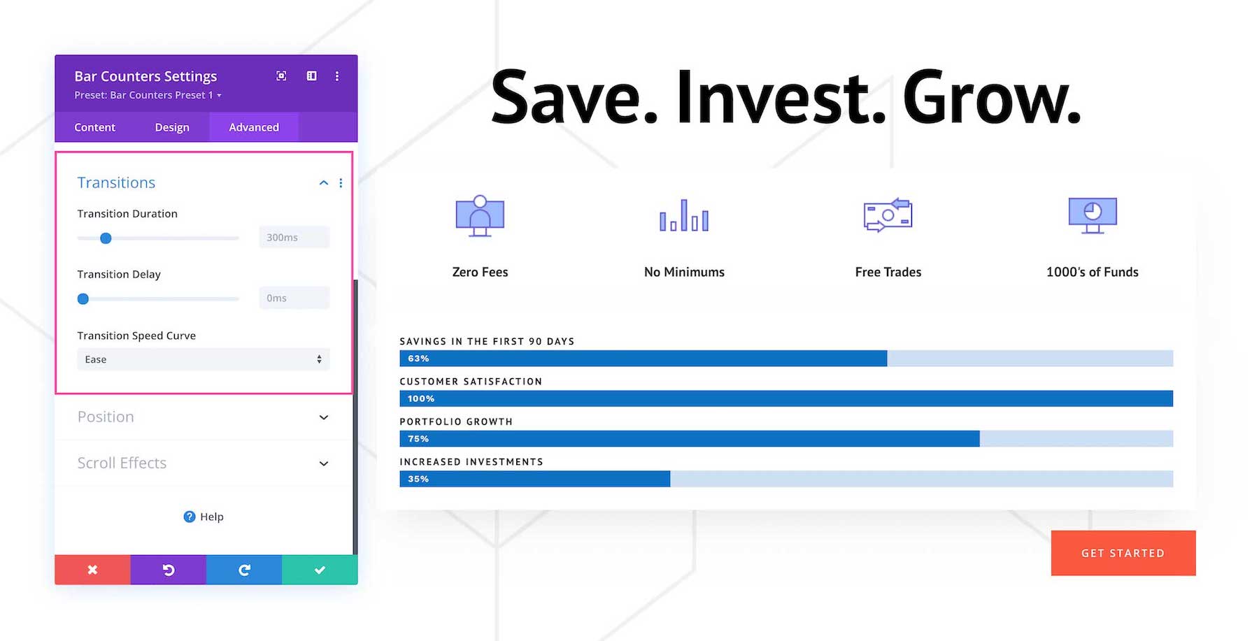 Divi Bar Counters Module Transition Options