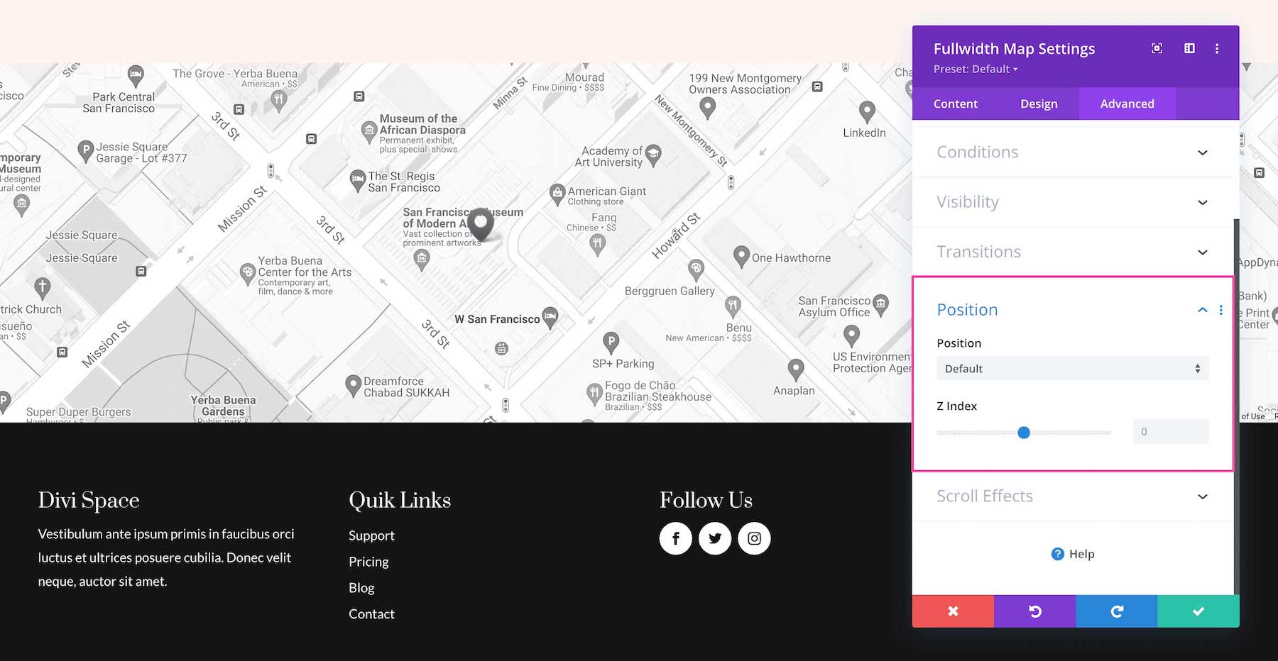 Divi Fullwidth Map Module position options