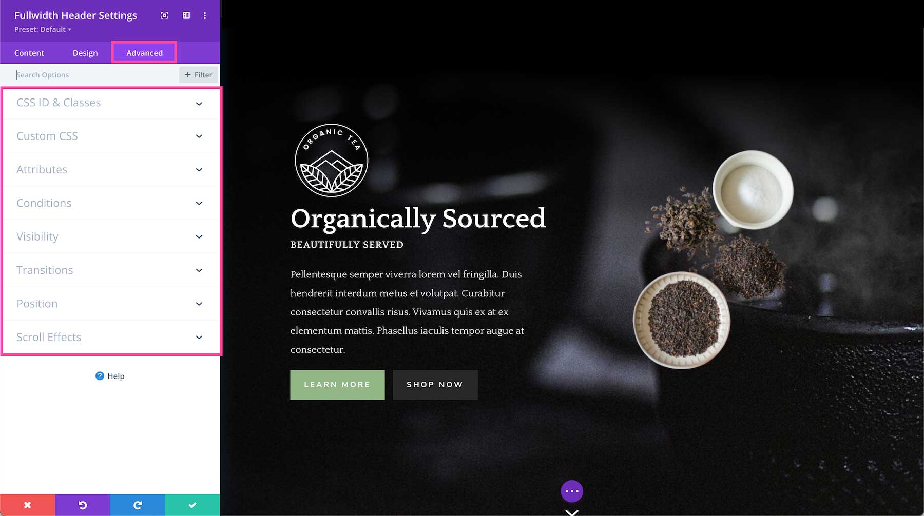 Divi Fullwidth Header Module advanced settings