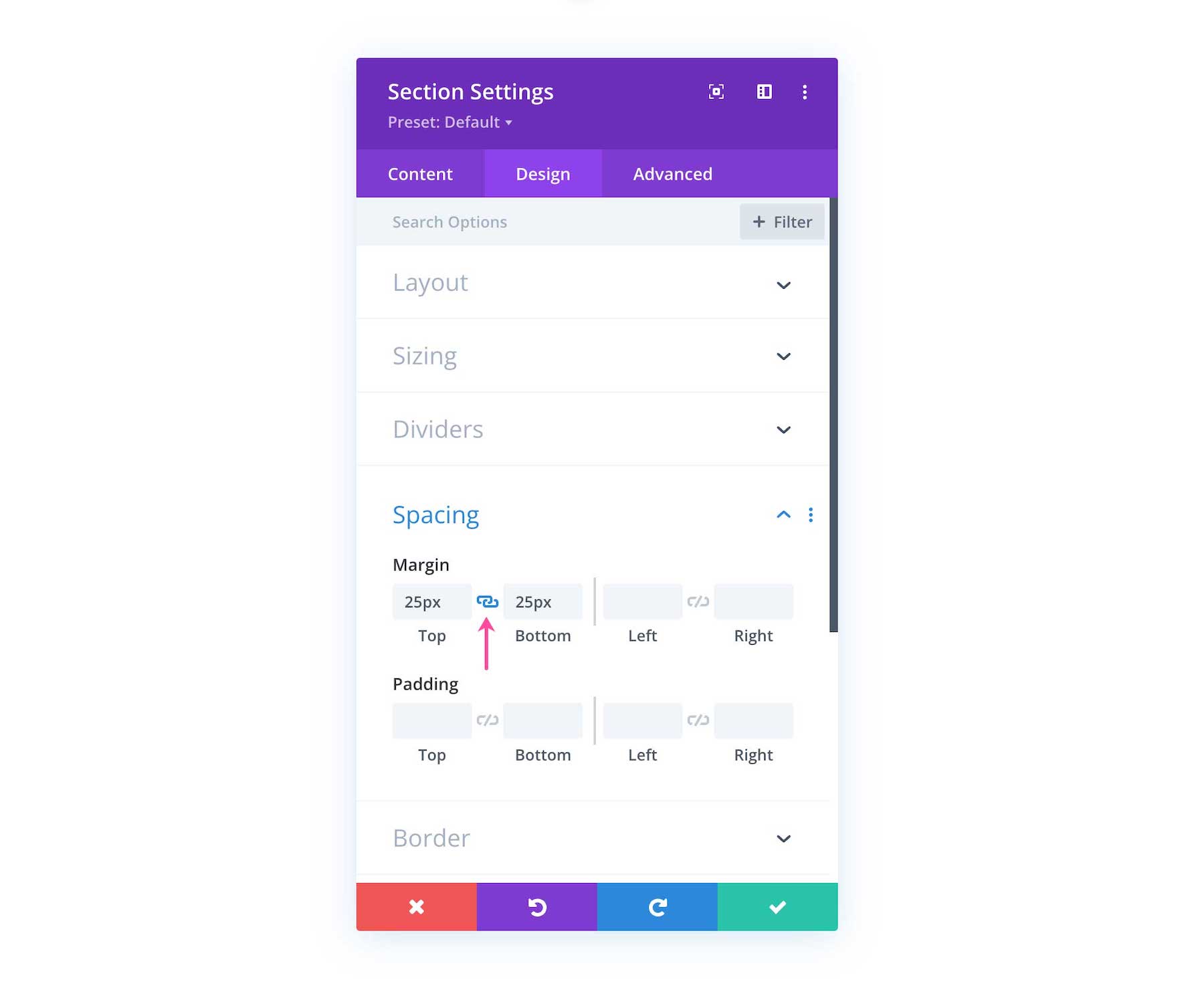 How to link margin values in Divi Spacing Options