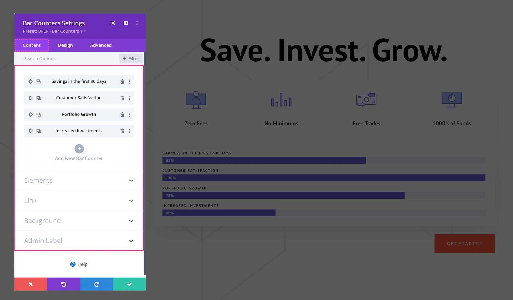 Divi Bar Counters Module content settings