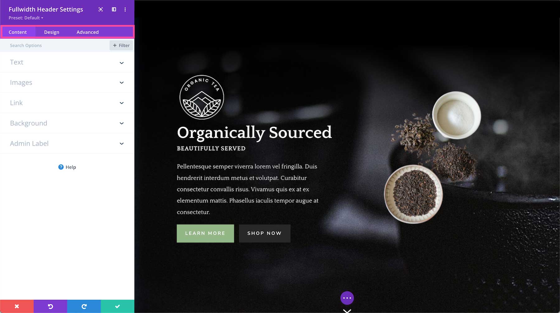 Divi Fullwidth Header Module content settings