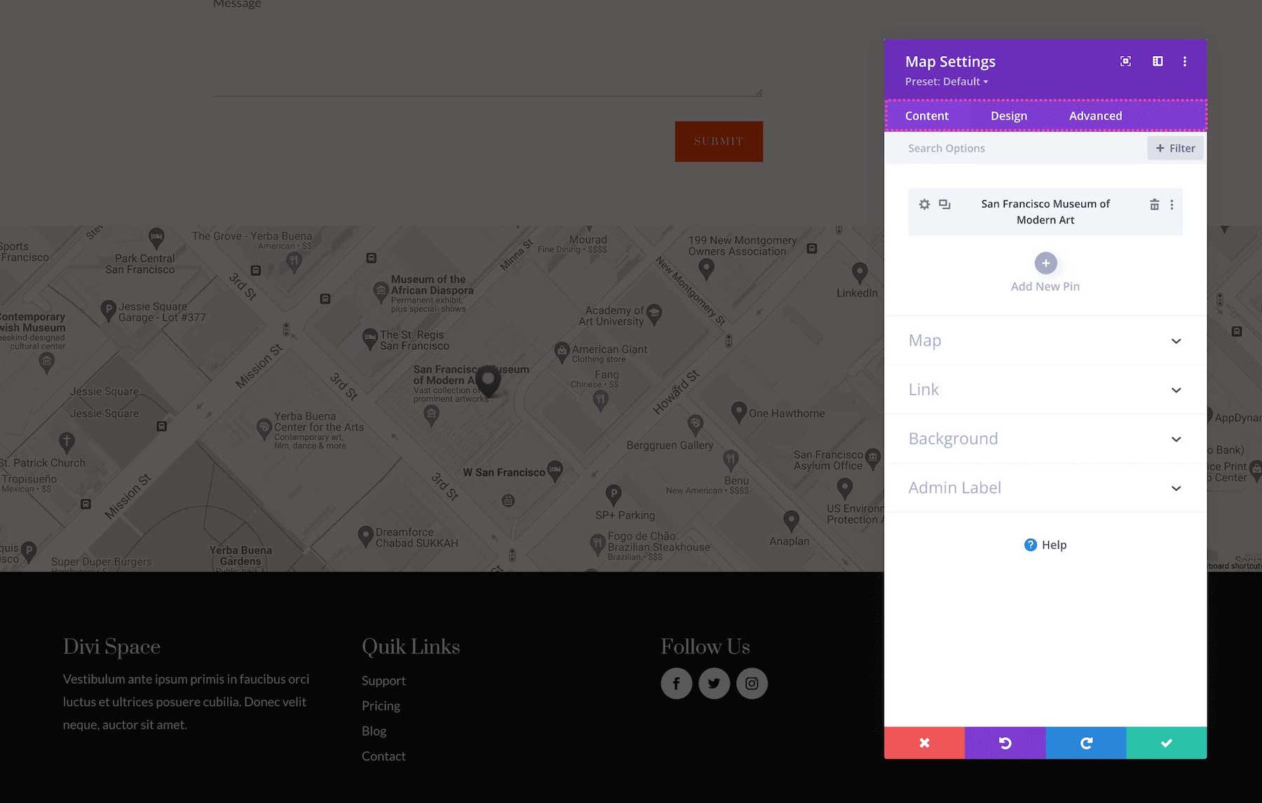 The Divi Fullwidth Map Module settings explained