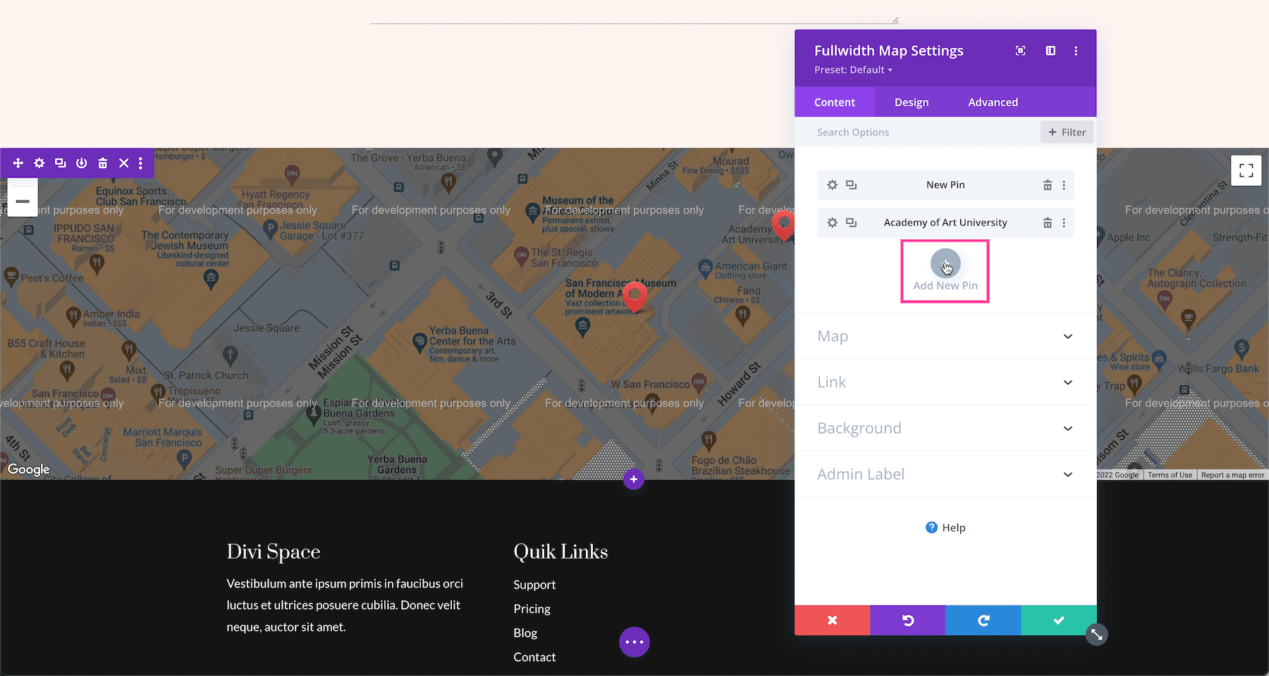 How to add a pin to the Divi Fullwidth map module