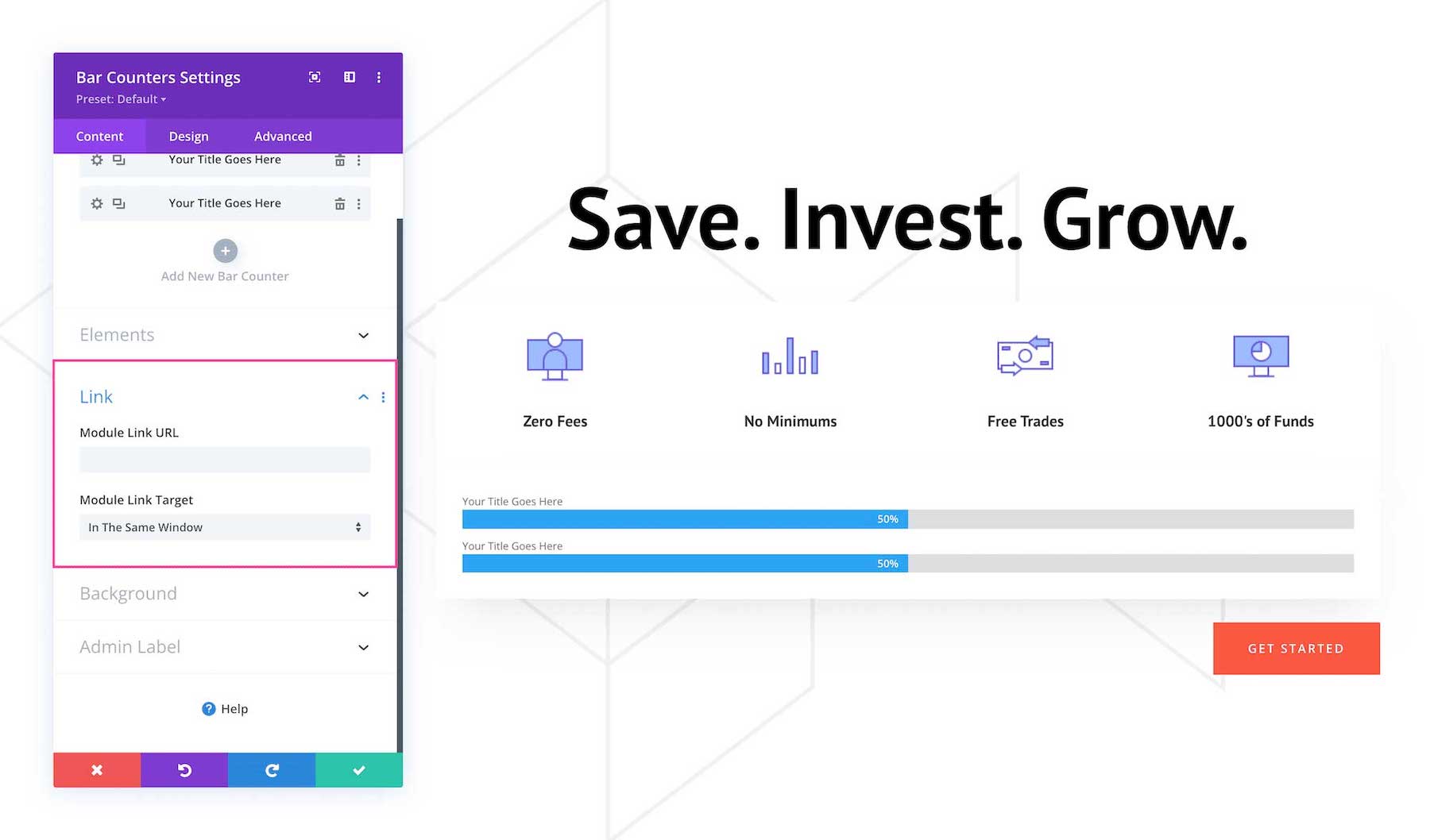 Divi Bar Counters Module link settings