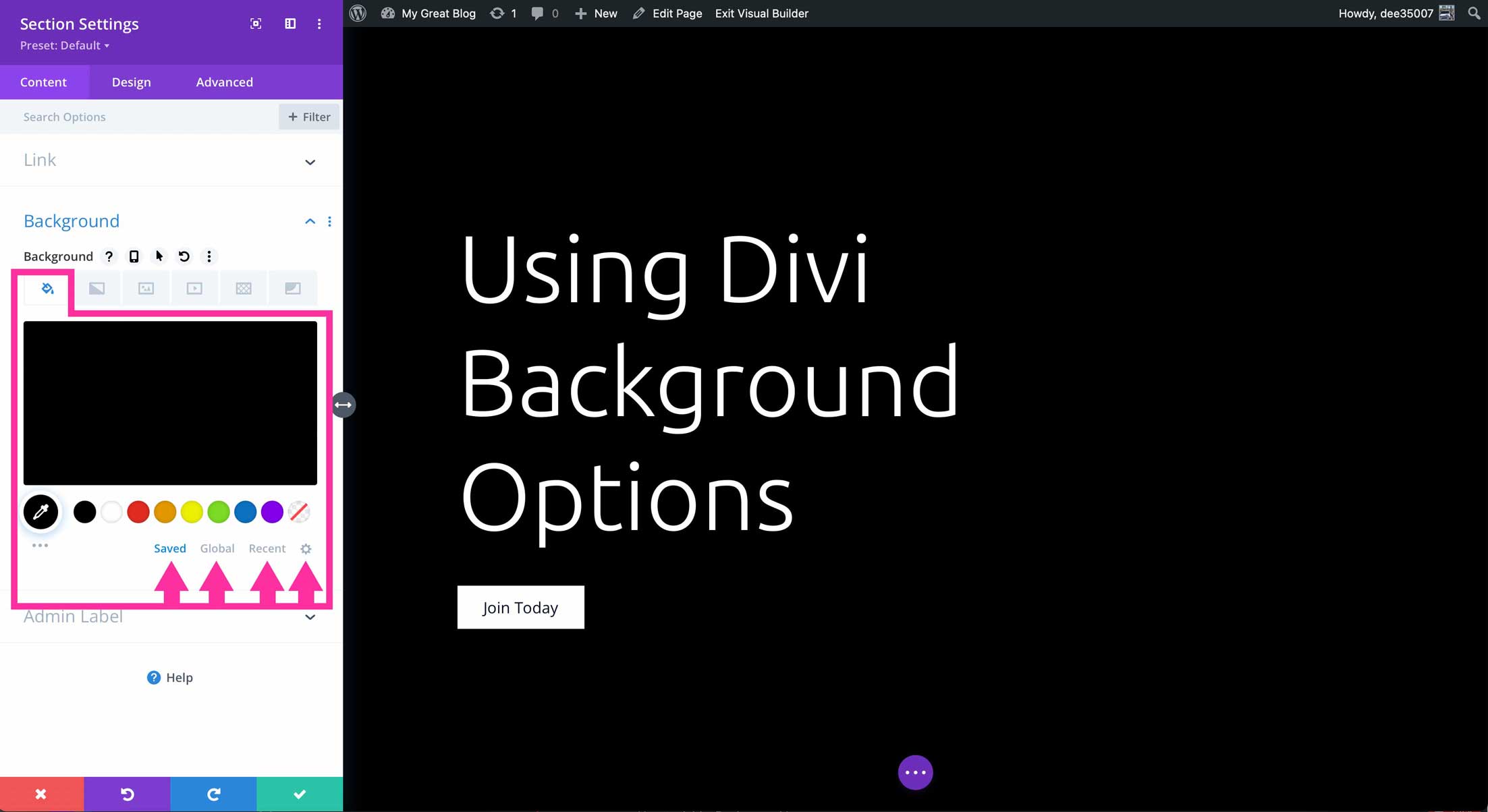 Divi background color options