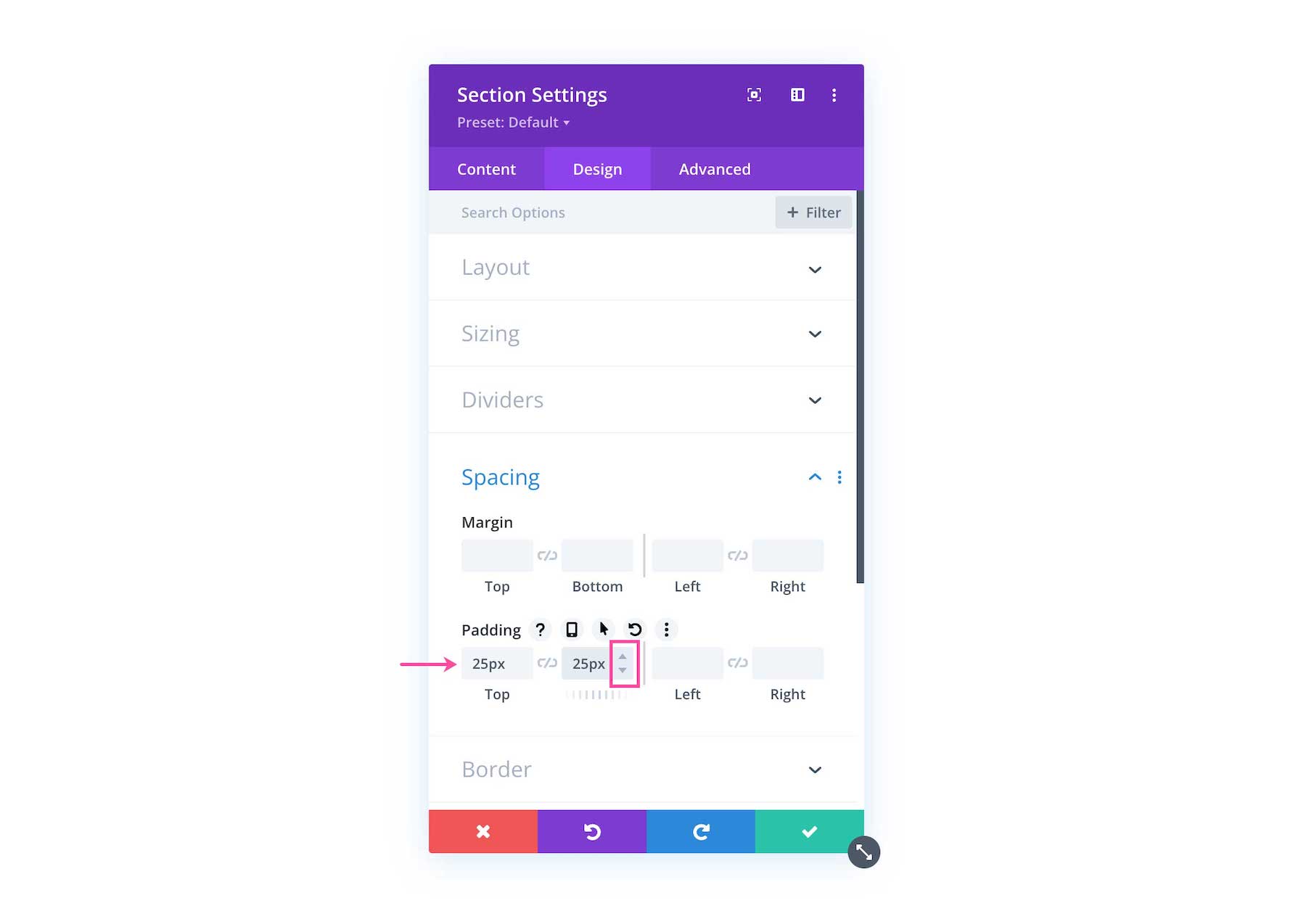 How to adjust padding in Divi Spacing Options