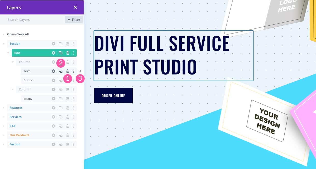 delete duplicate and-add in Divi layers view