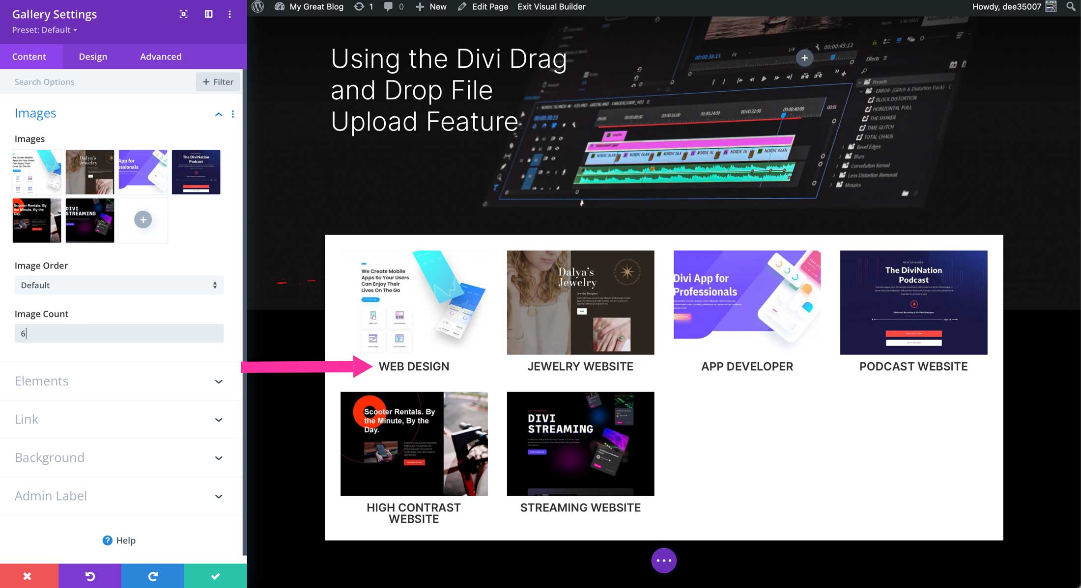 name image titles for divi drag and drop file upload