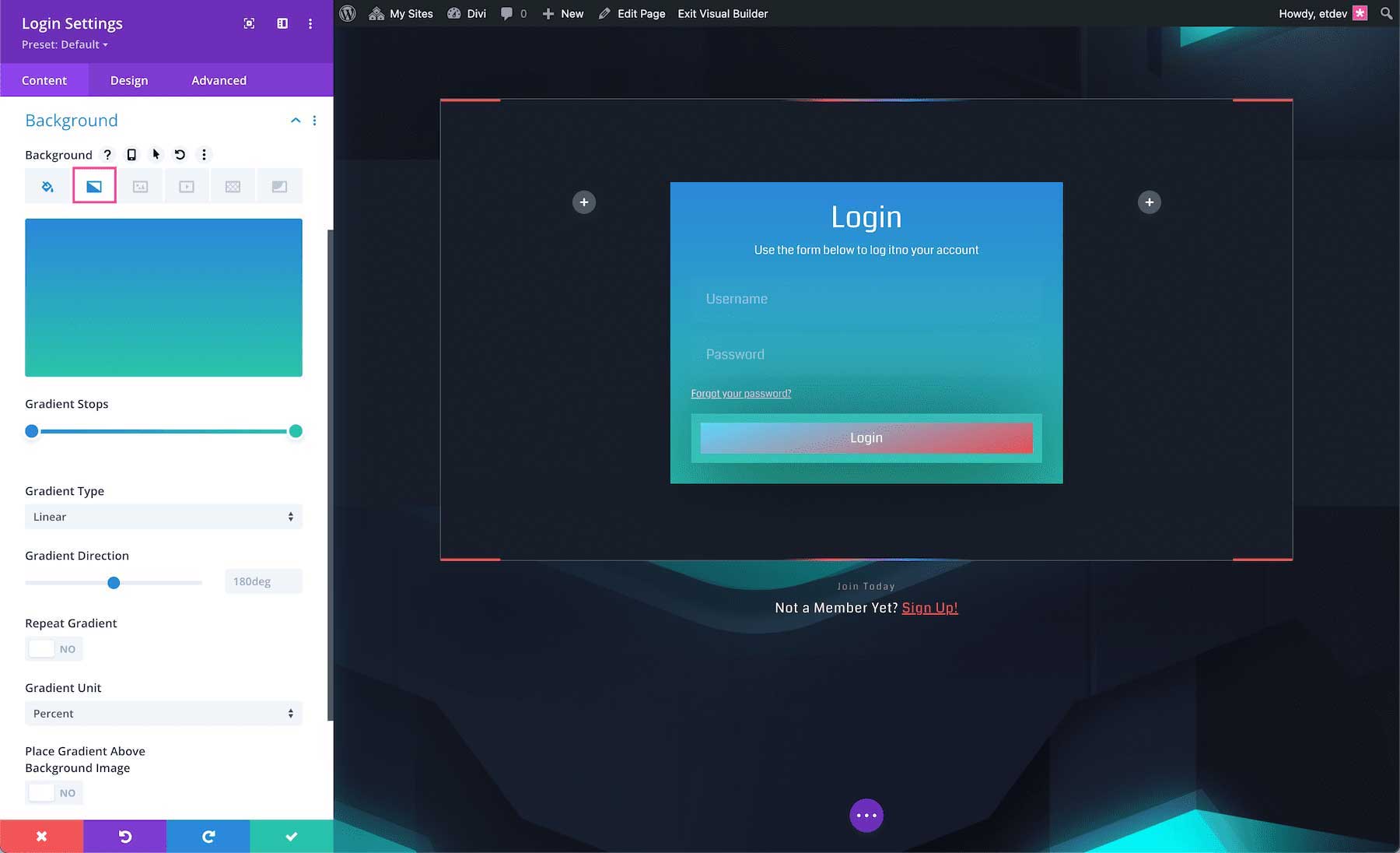 How to add a background gradient to the Divi Login Module