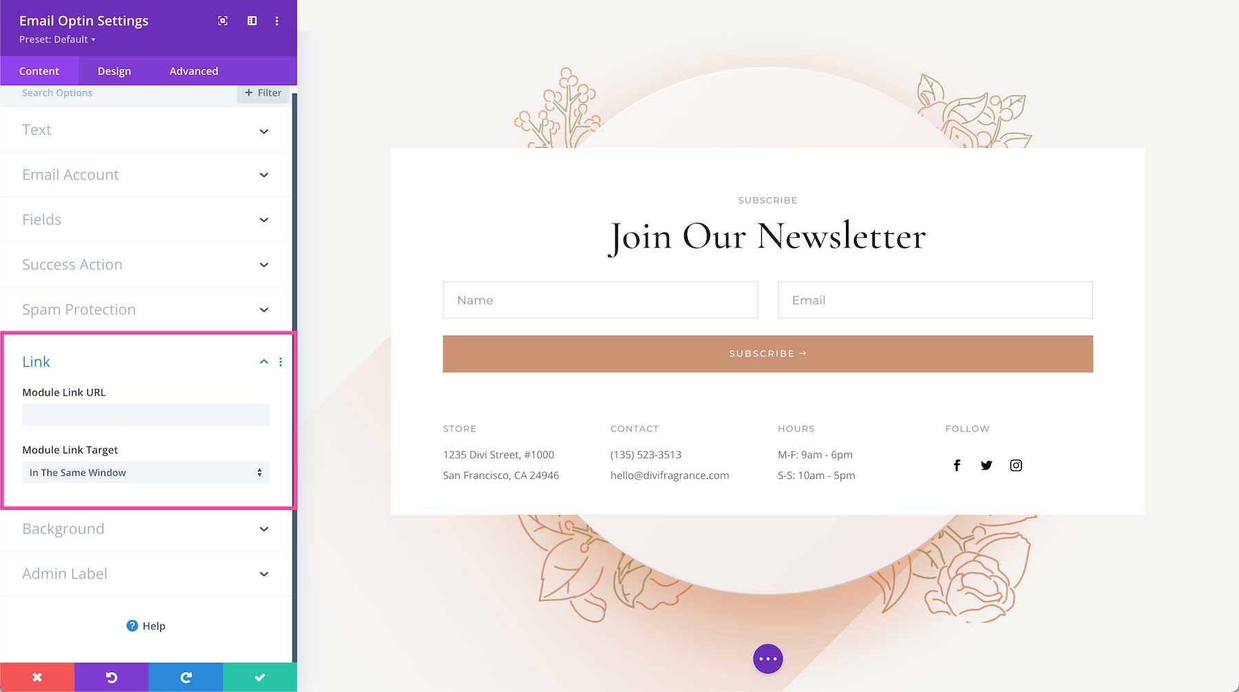 Divi Email Optin Module link settings