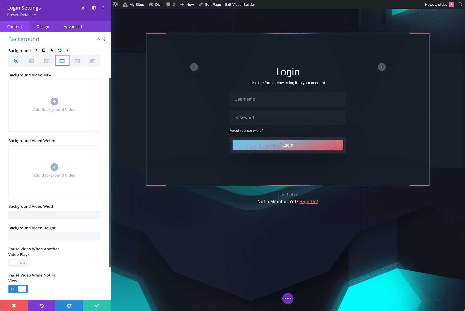 How to add a background video to the Divi Login Module