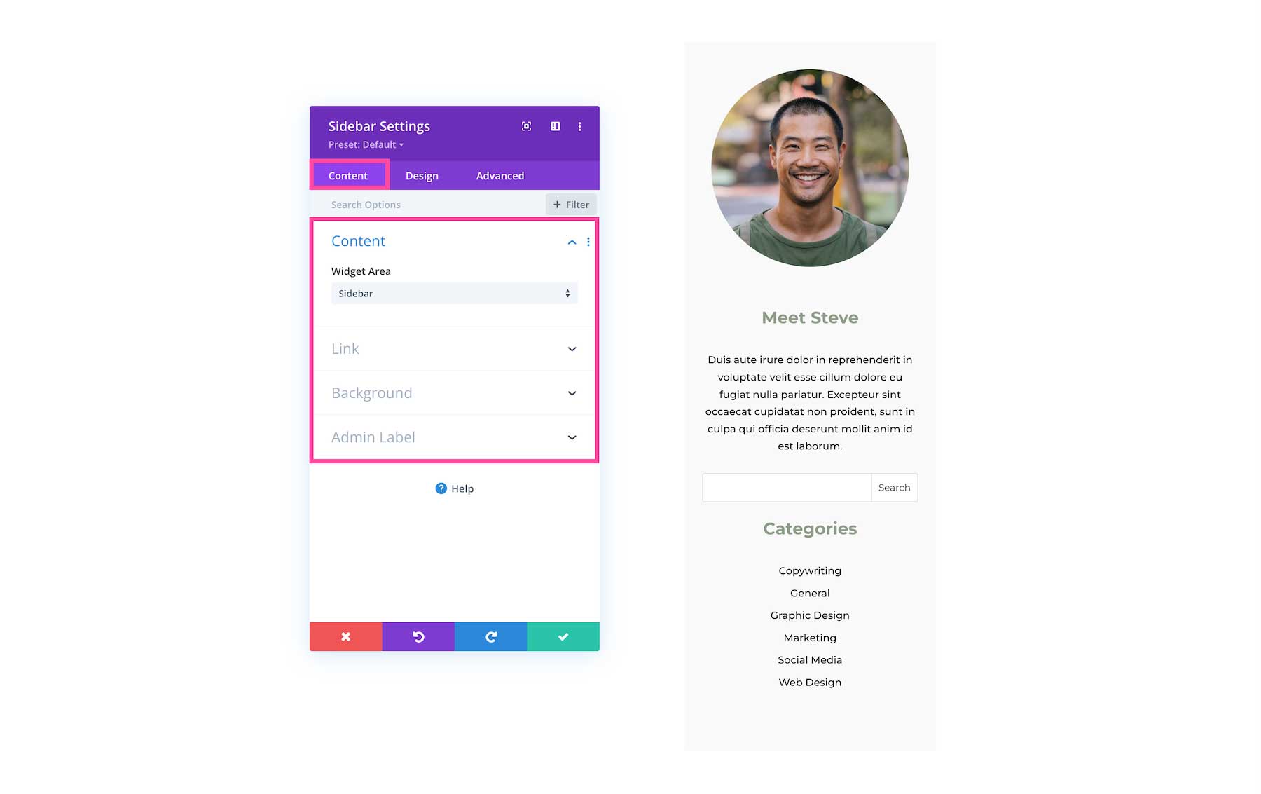 Divi Sidebar Module content options