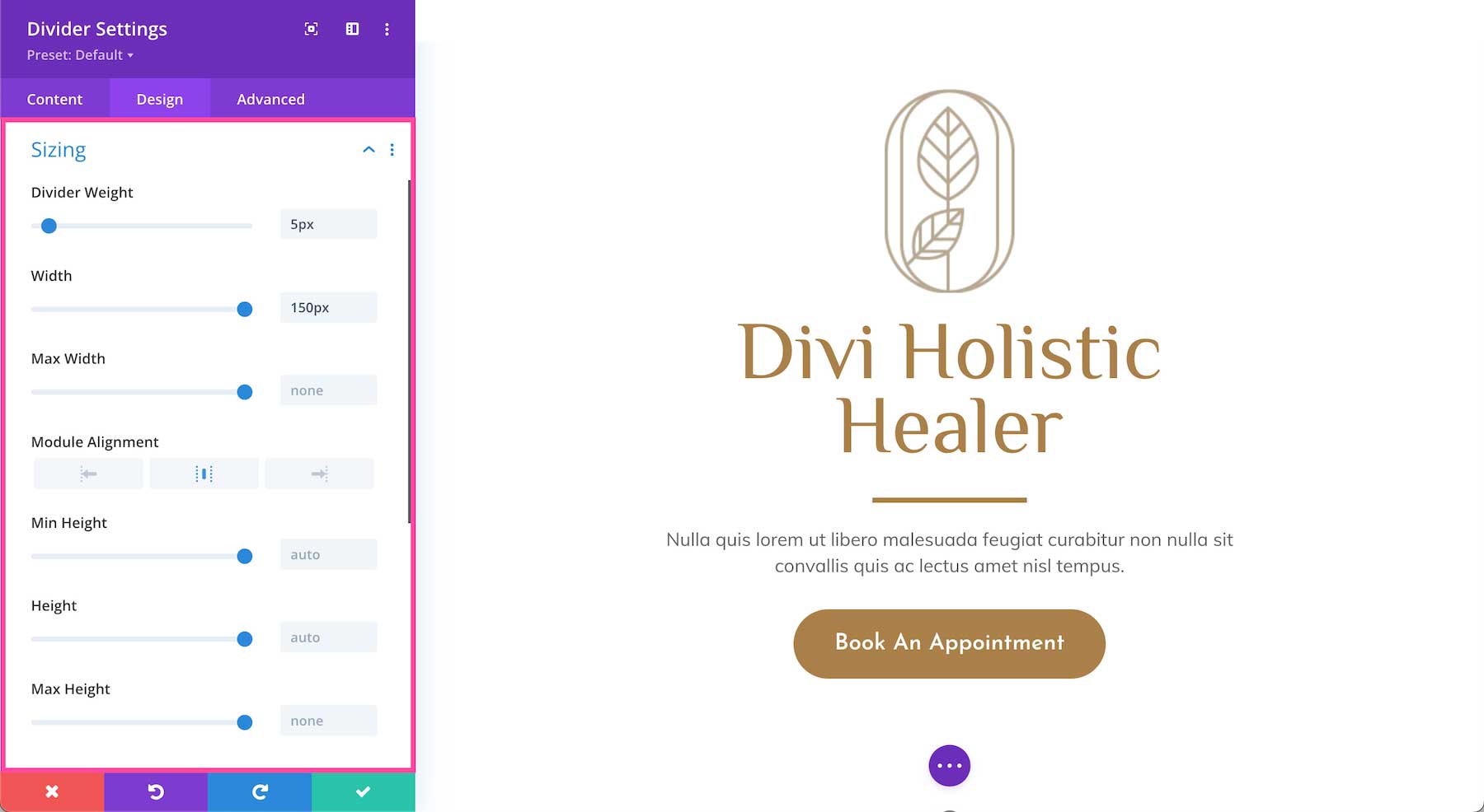 Divi Divider Module sizing options