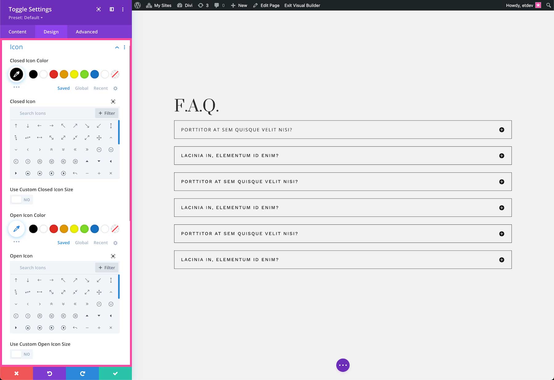 Divi Toggle module icon styling size