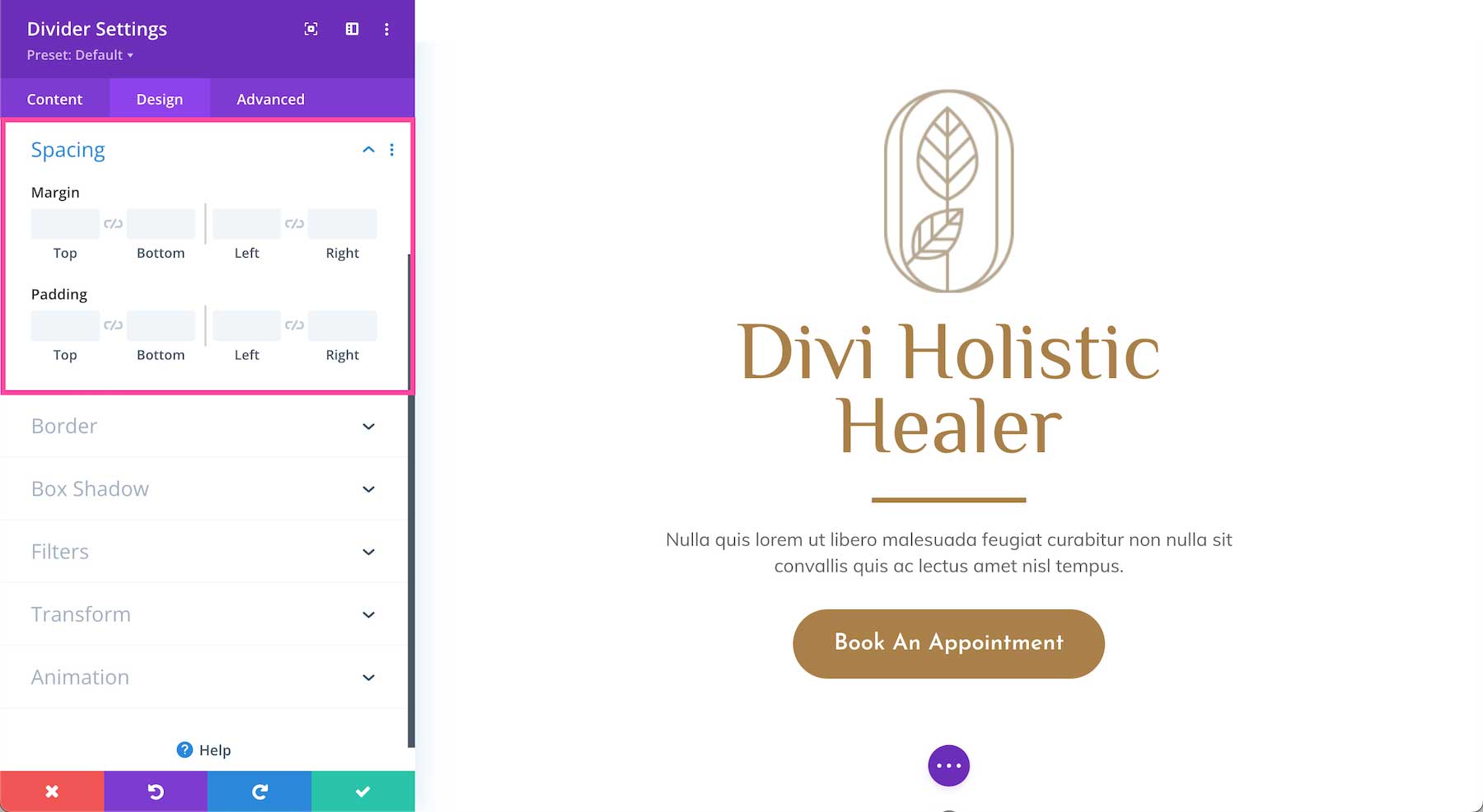 Divi Divider Module spacing settings