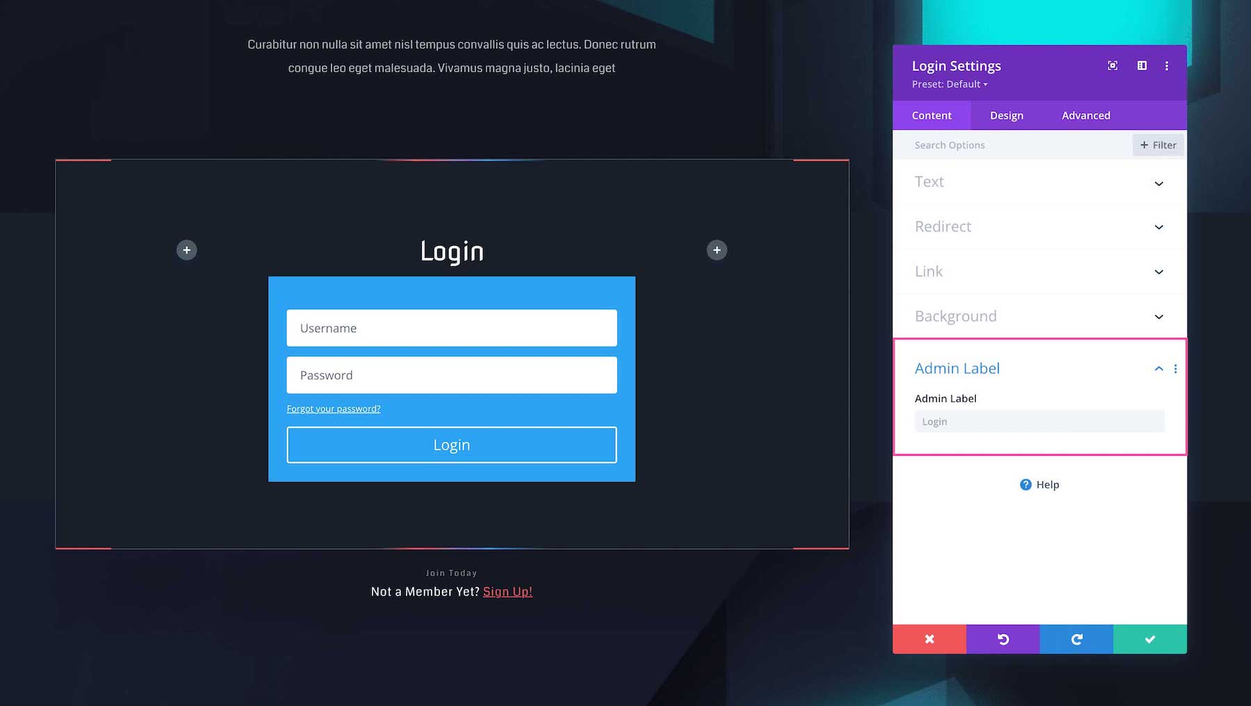 Divi Login Module admin label