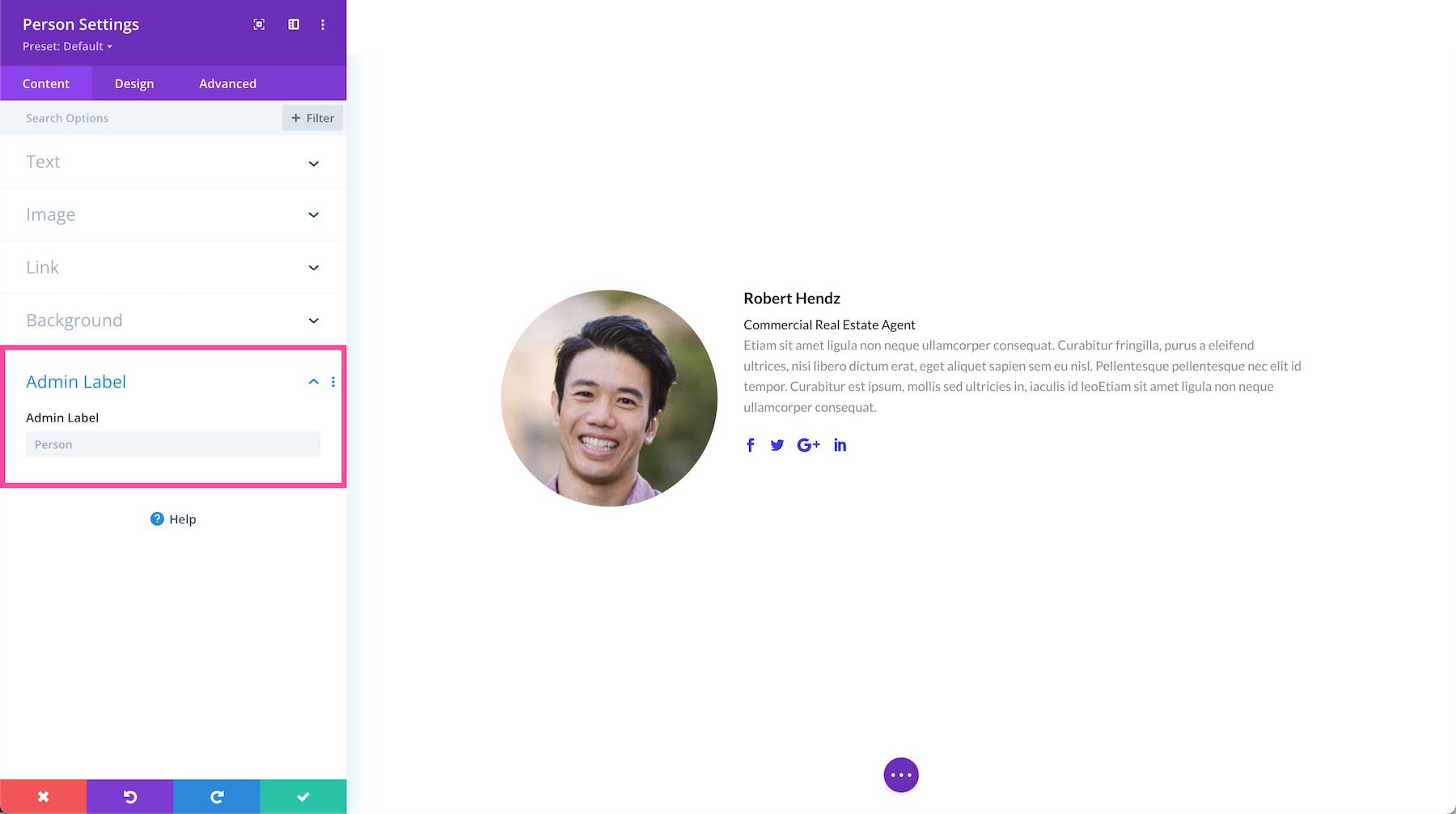 Divi Person Module admin label