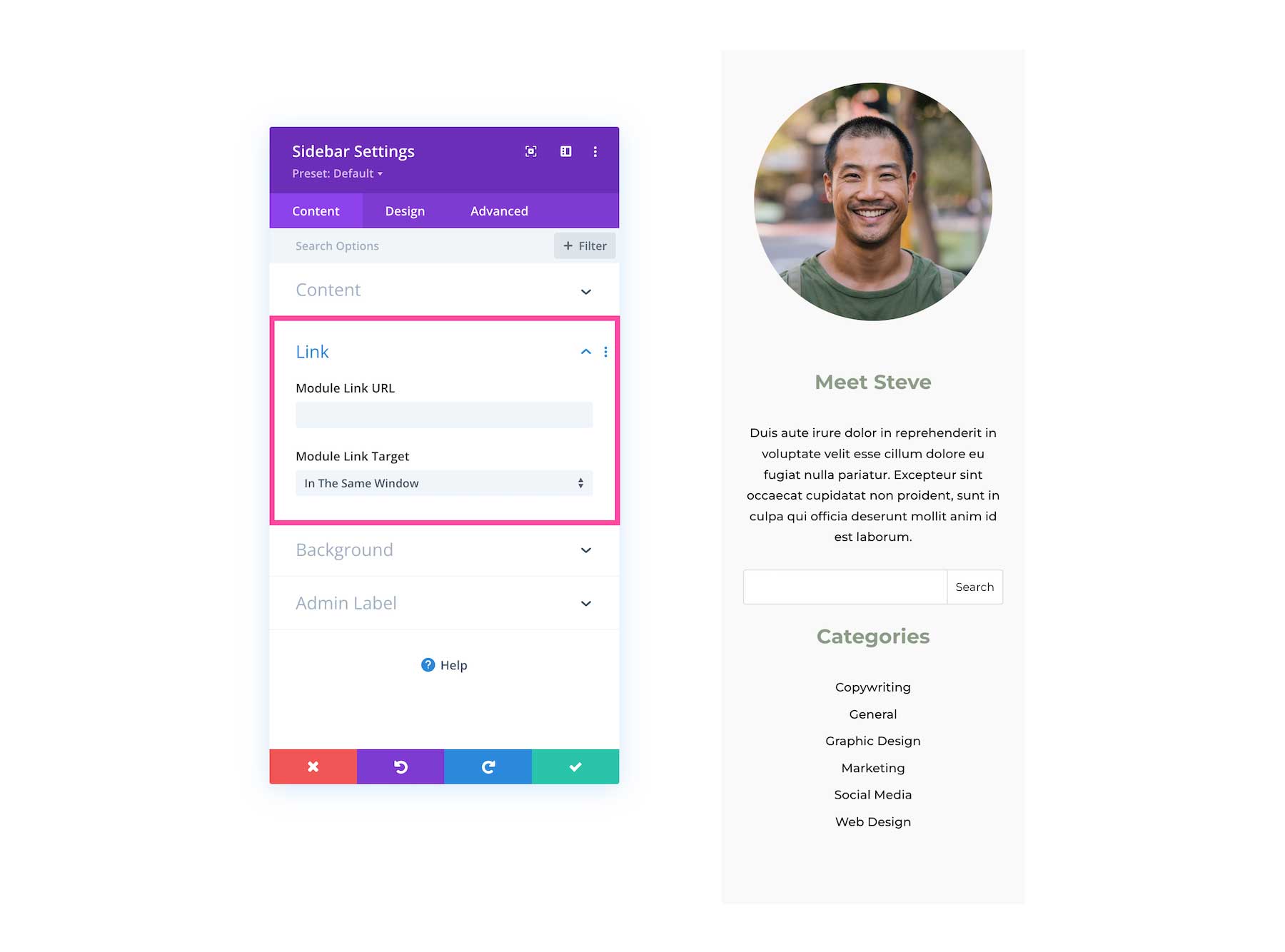 Divi Sidebar Module link settings