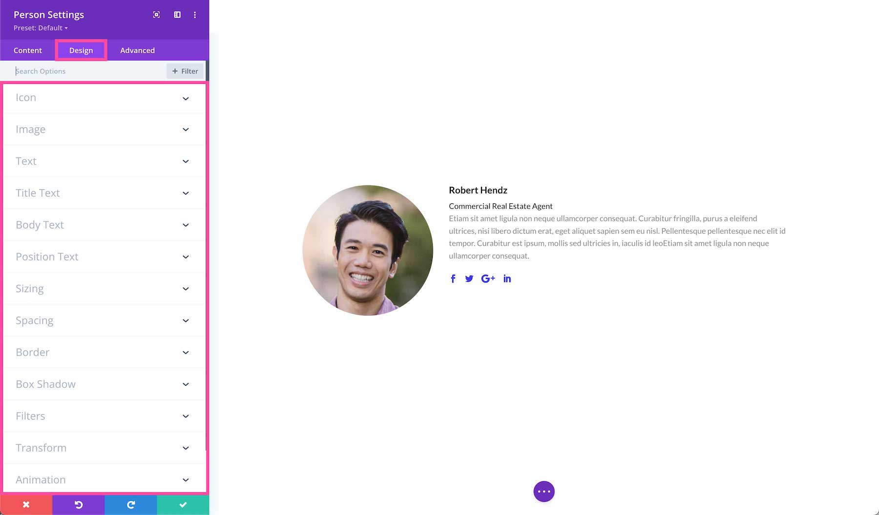 Divi Person Module Design Settings