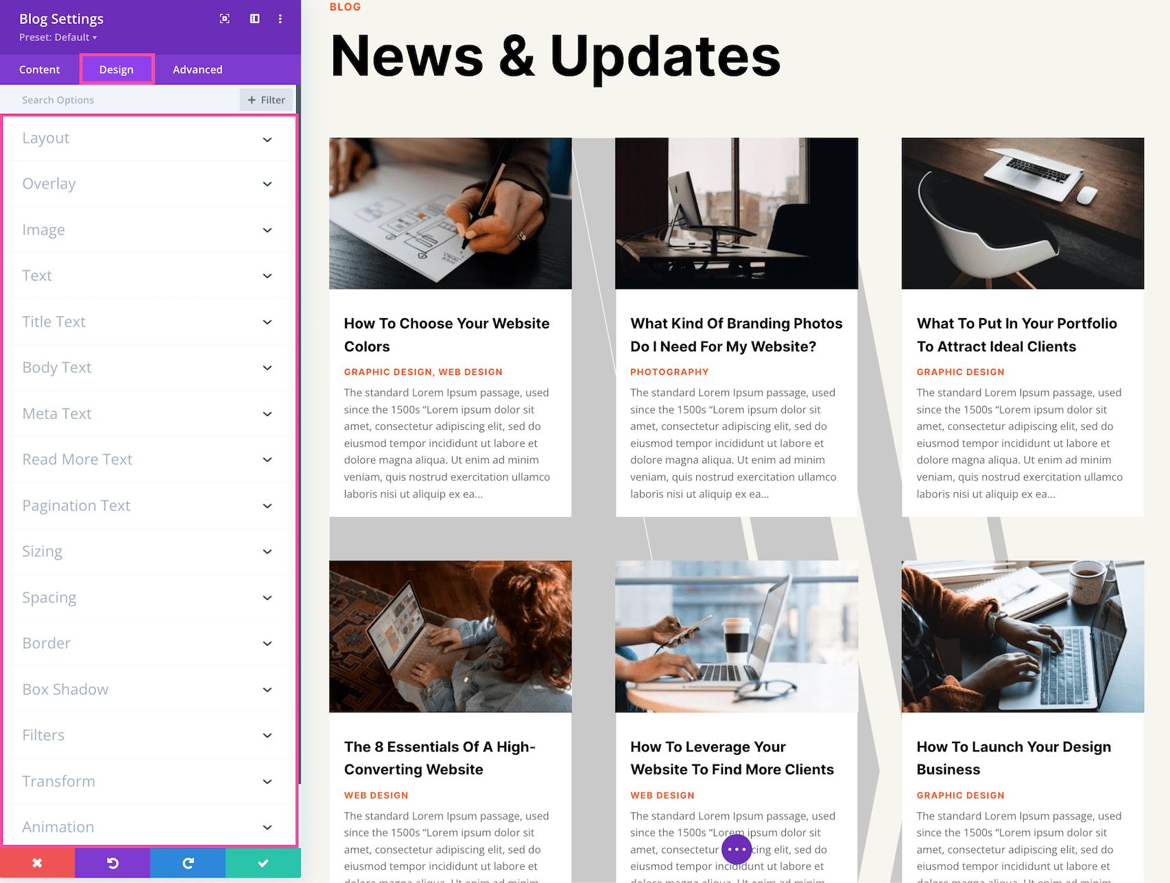 Divi Blog Module Design Tab