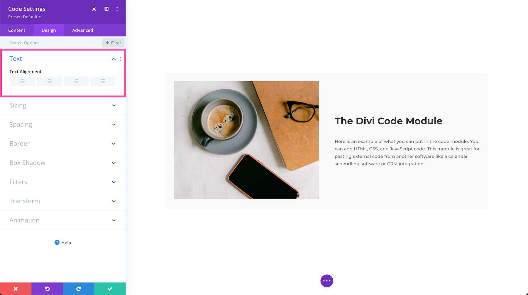 Divi Code Module text styles