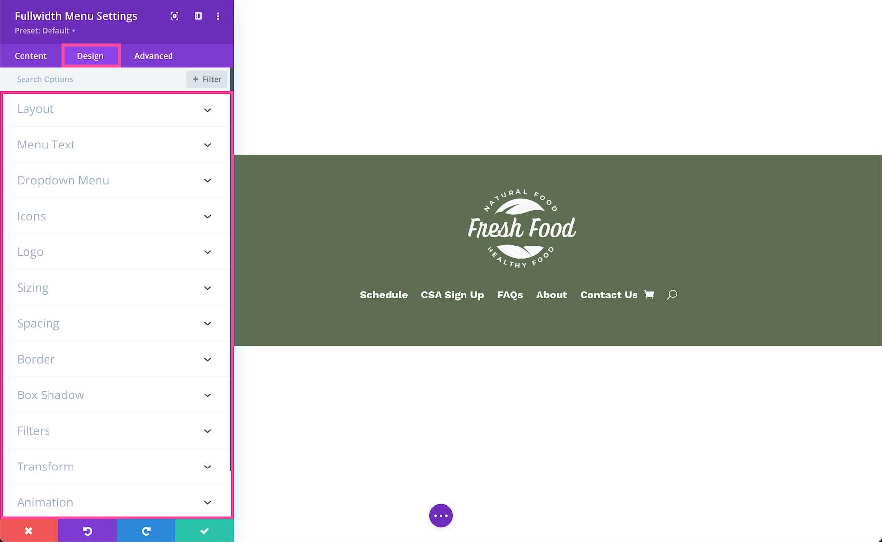 Divi Fullwidth Menu Module Design settings