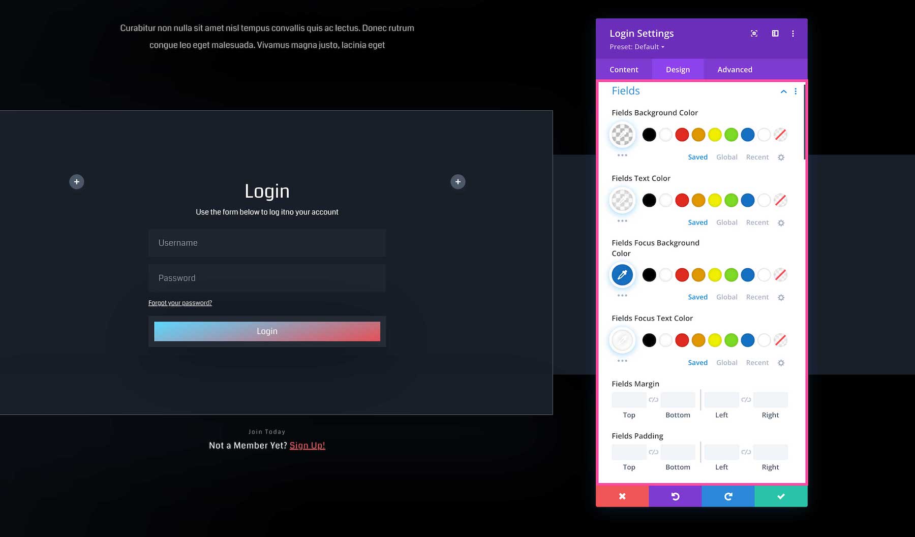 Divi Login Module Fields settings