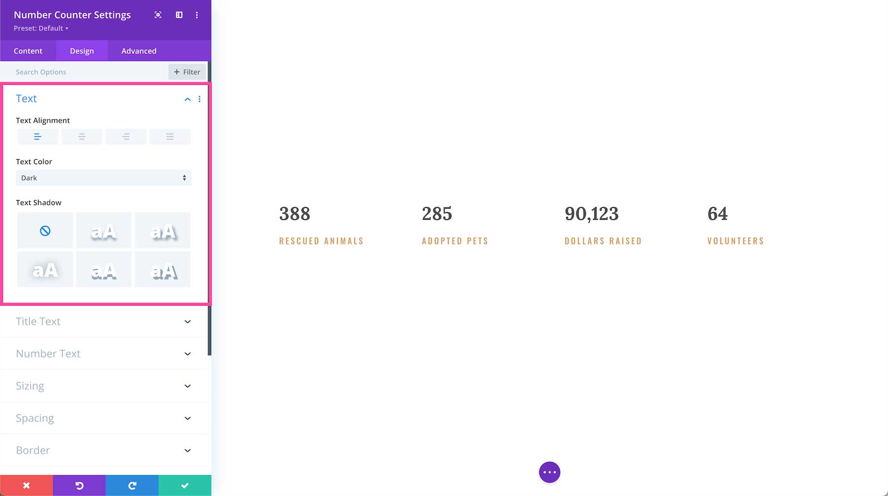 Divi Number Counter Module text styles