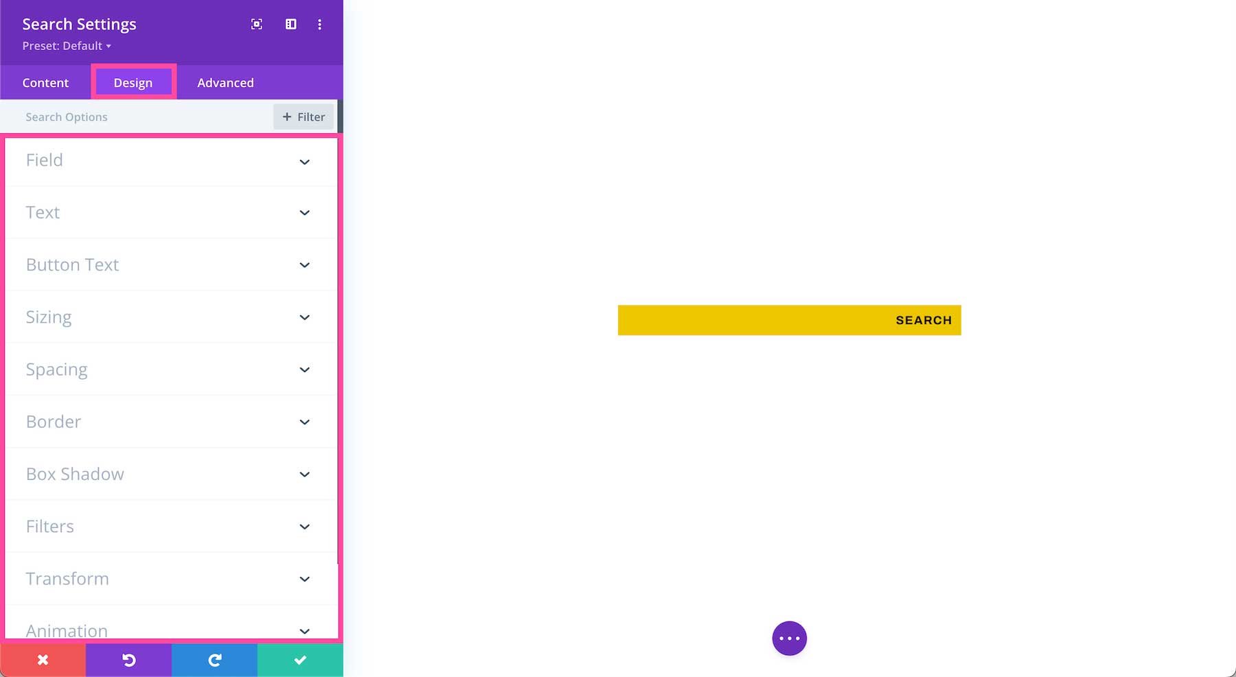 Divi Search Module design settings