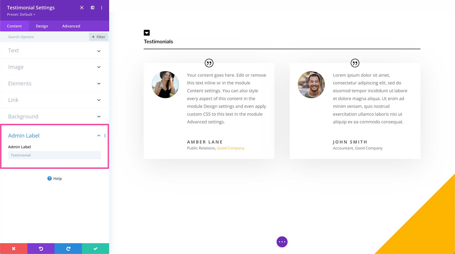 Divi Testimonial Module admin label