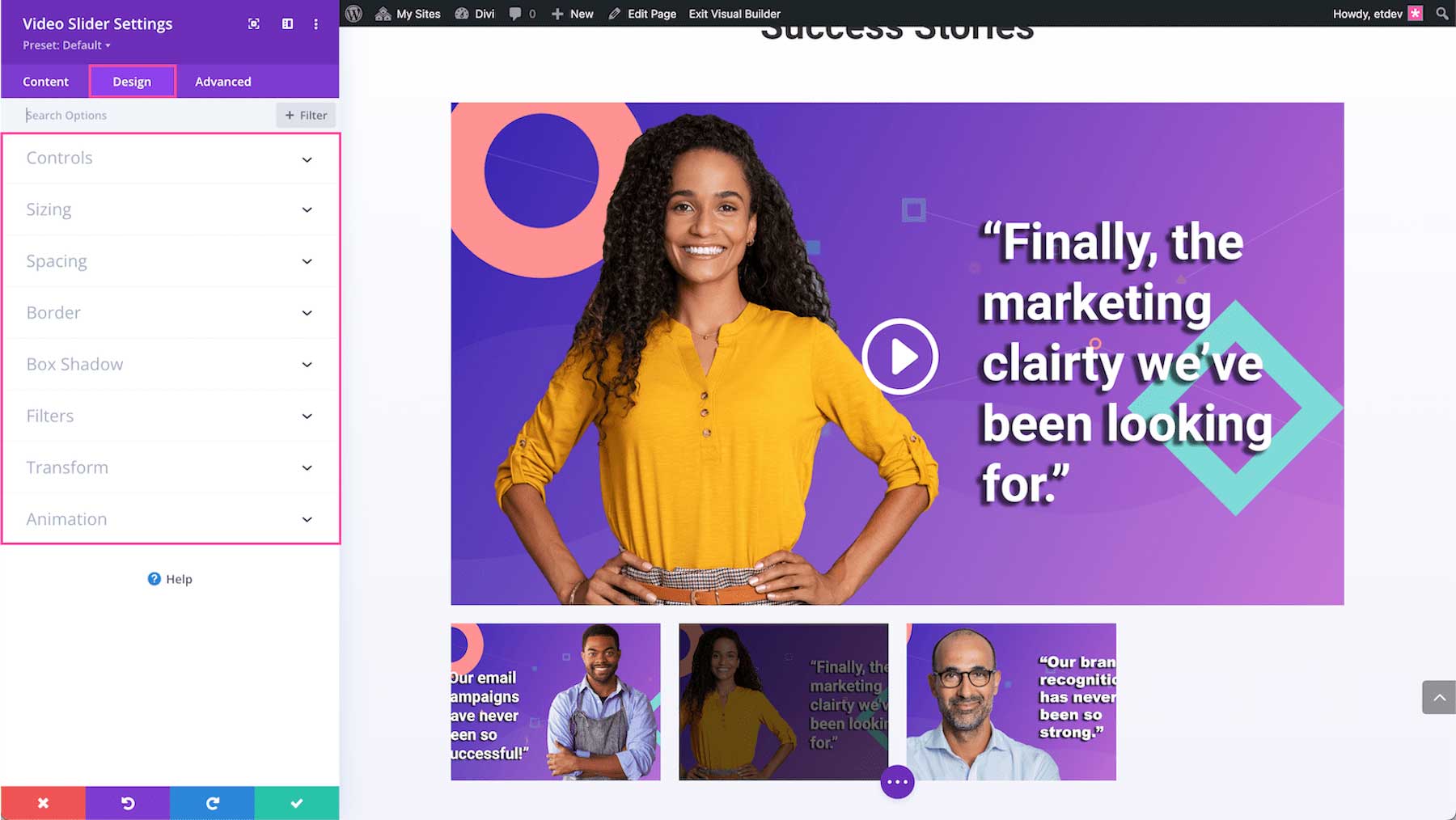 Divi Video Slider Design settings