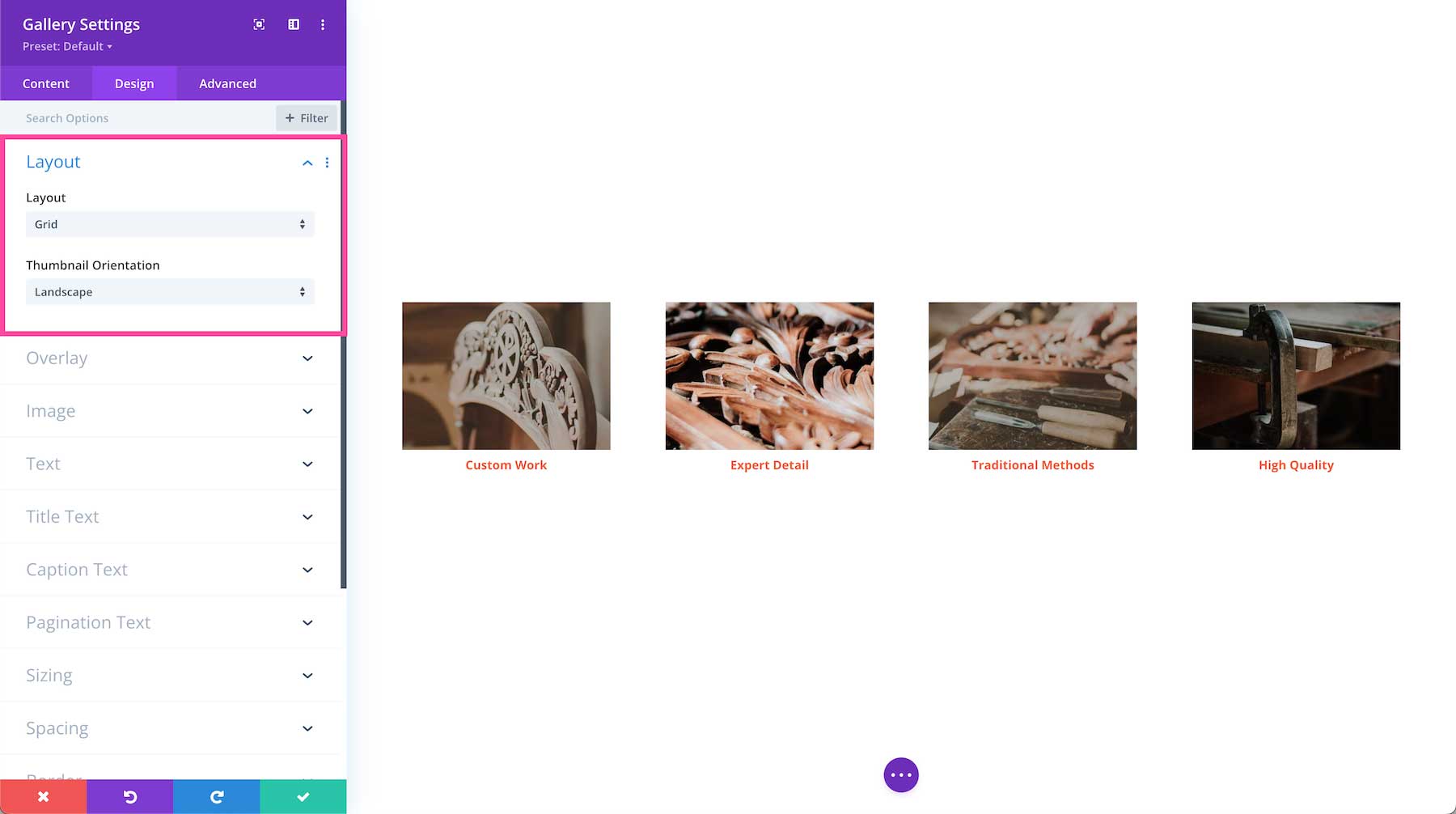 Divi Gallery Module layout options