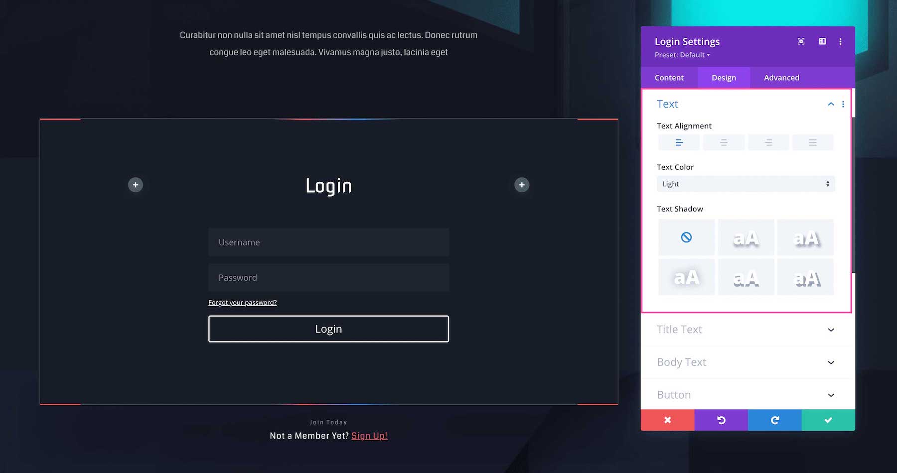 Divi Login Module text settings