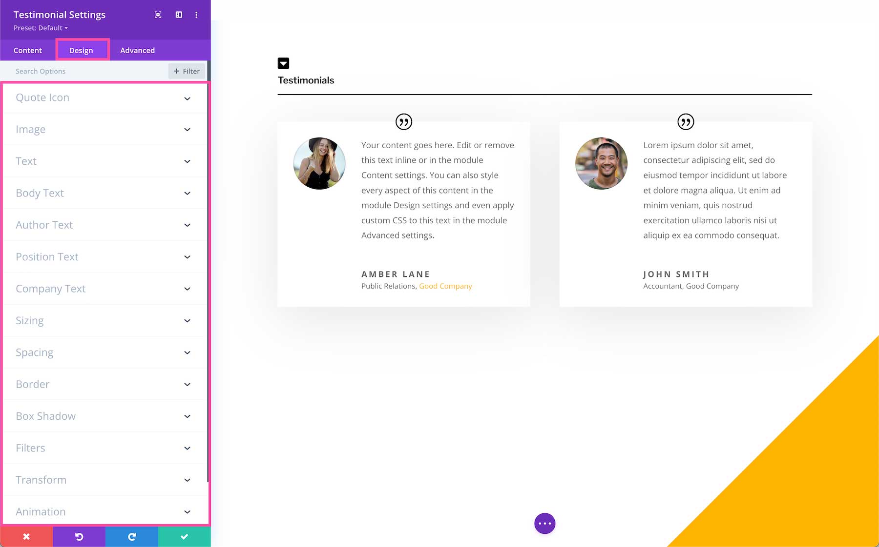 Divi Testimonial Module design settings