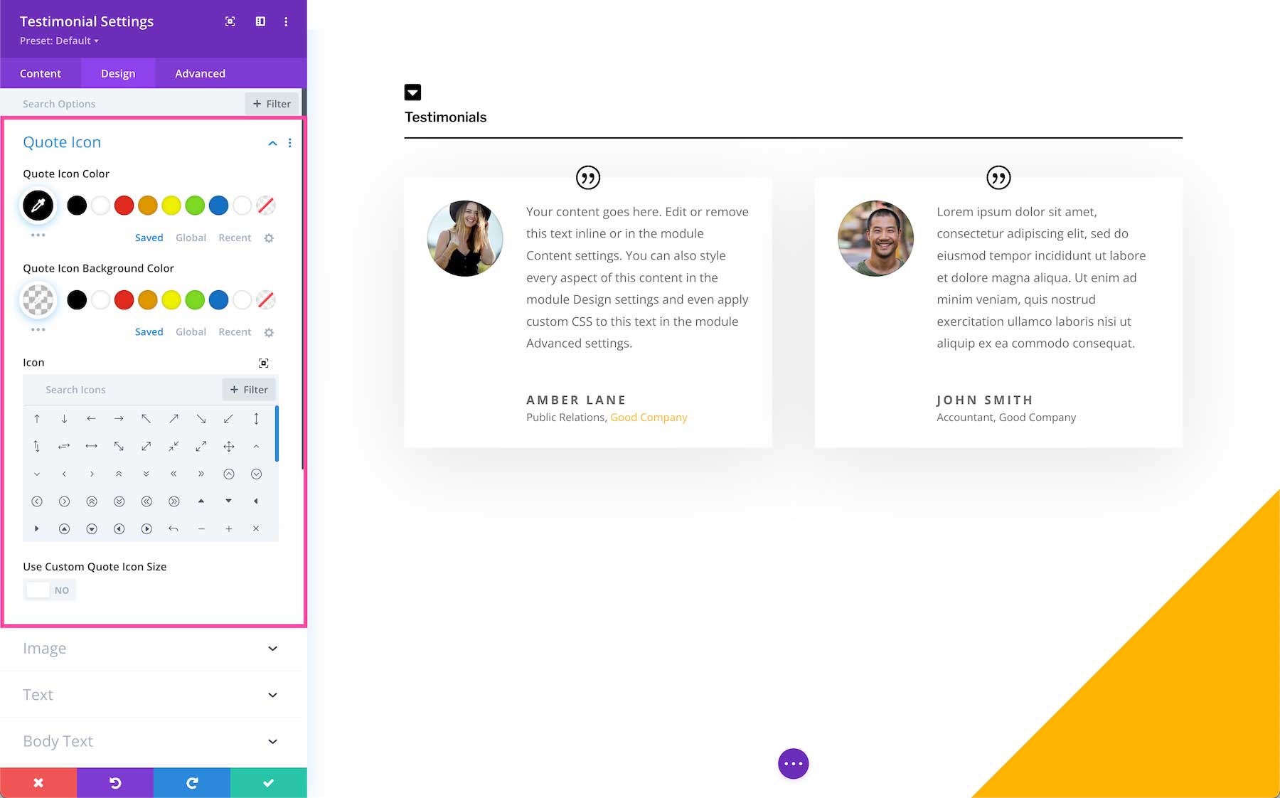 Divi Testimonial Module quote icon settings