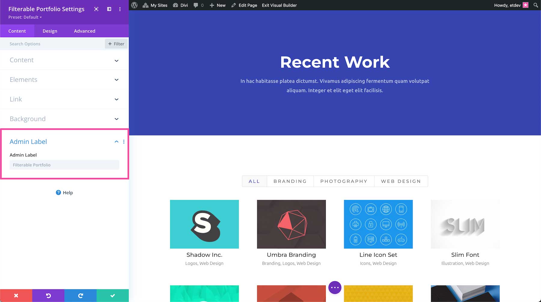 Divi Filterable Portfolio Module admin label