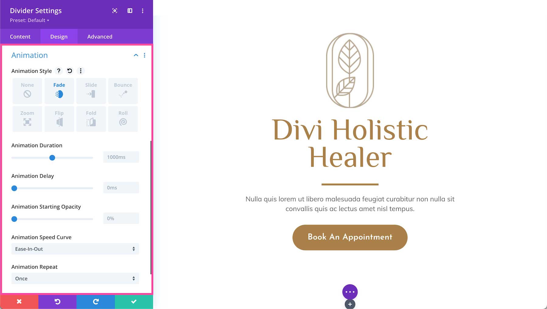 Divi Divider Module animation options