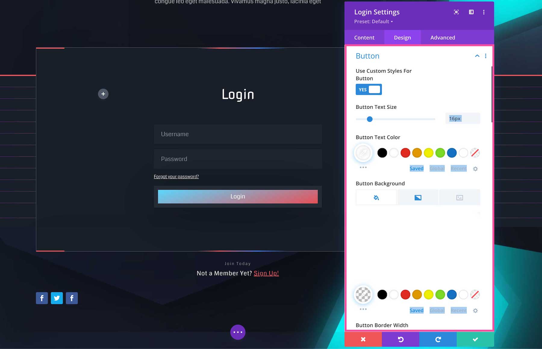 Divi Login Module button settings