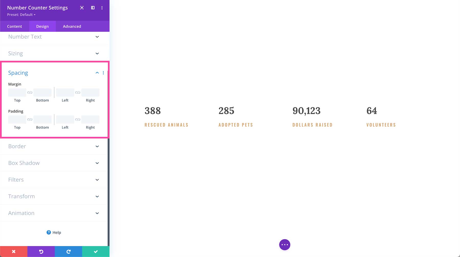 Divi Number Counter Module spacing