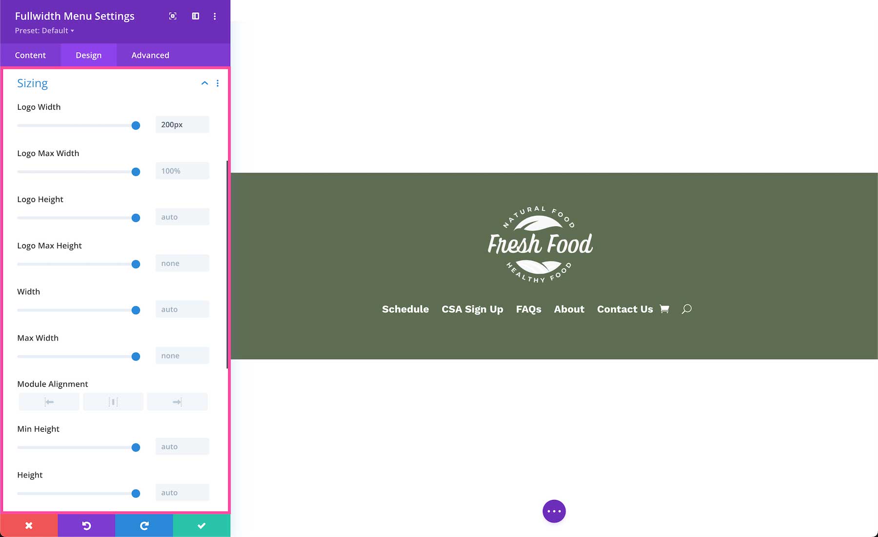 Divi Fullwidth Menu Module sizing options
