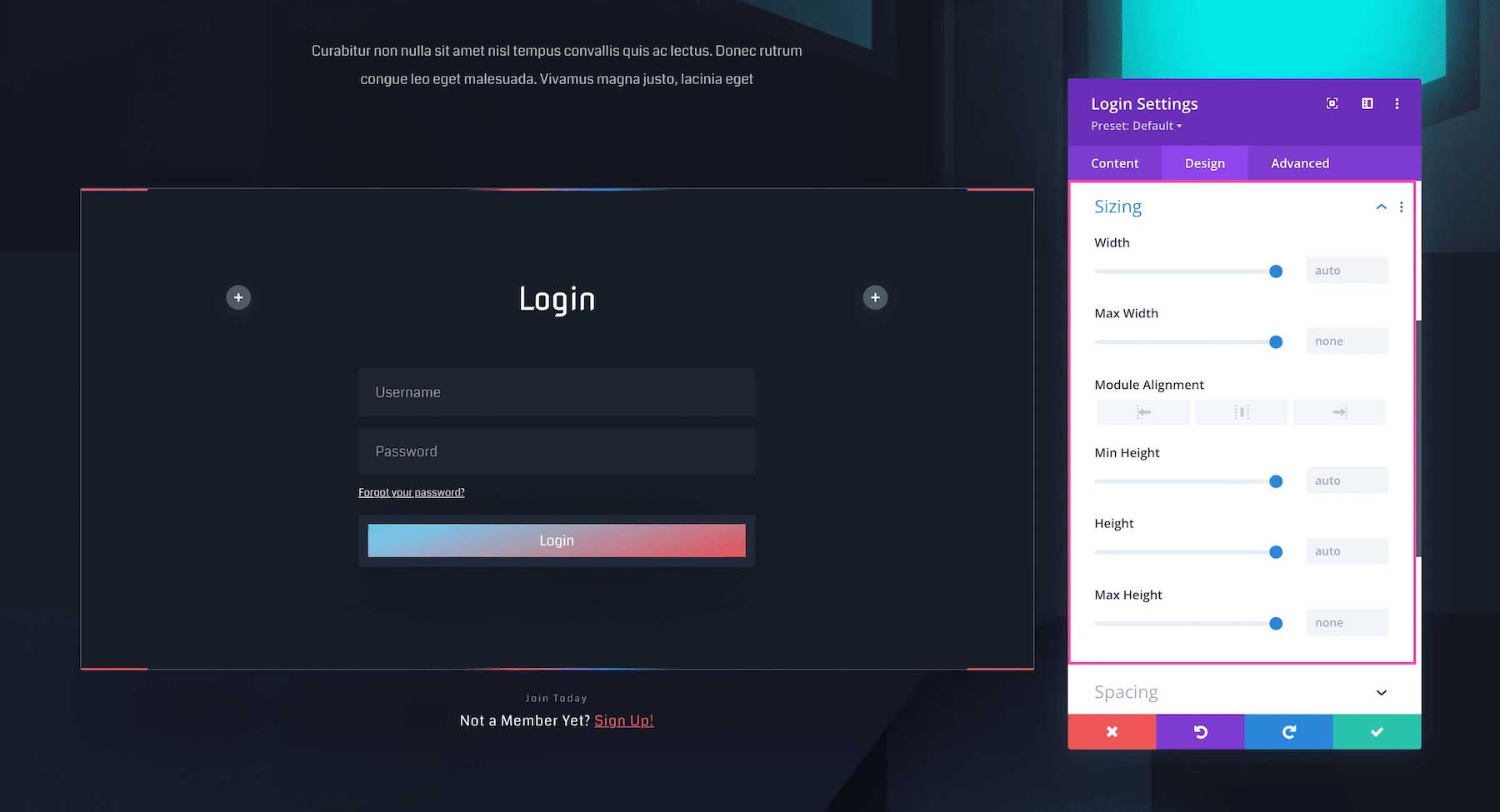 Divi Login Module sizing settings