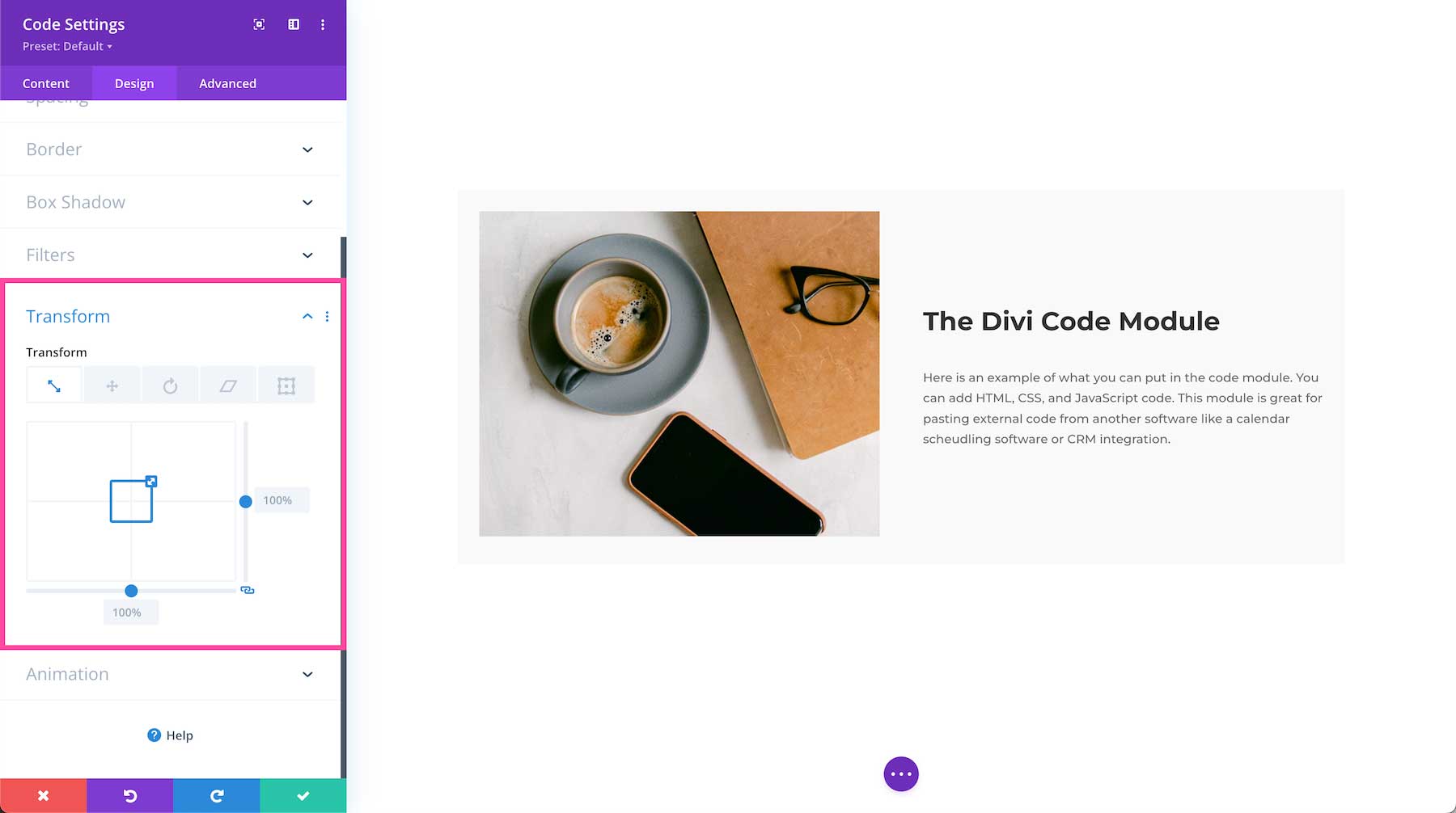 Divi Code Module transform