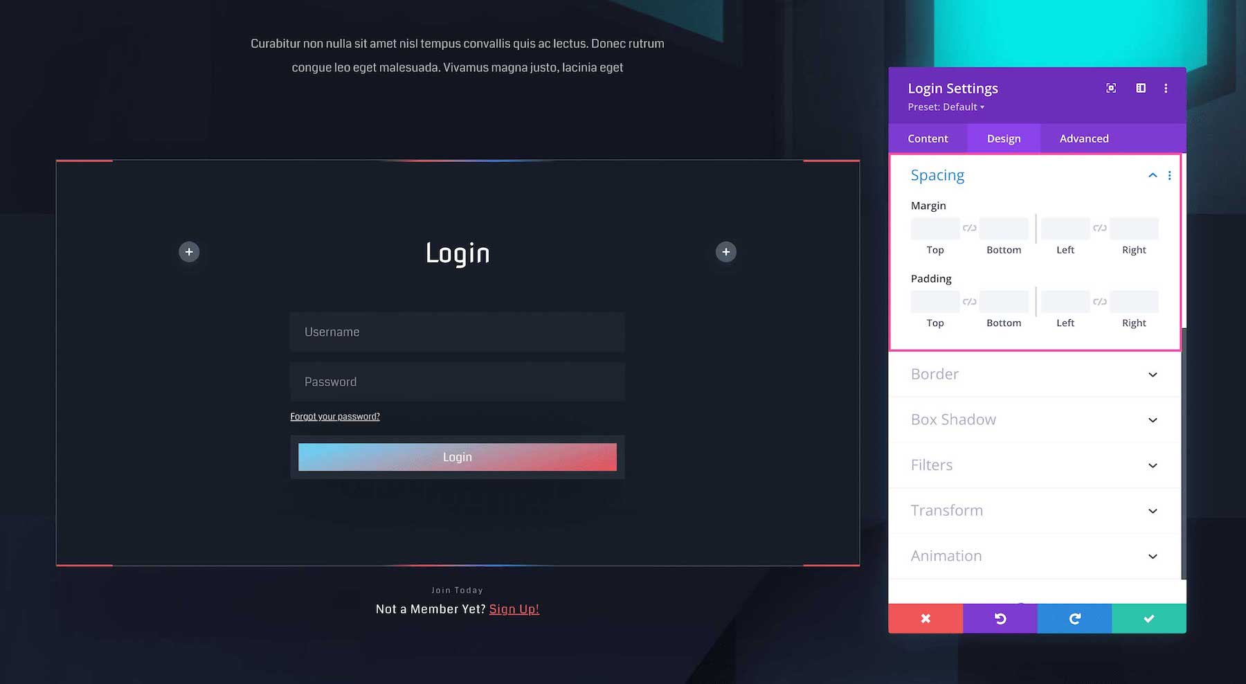 Divi Login Module spacing settings