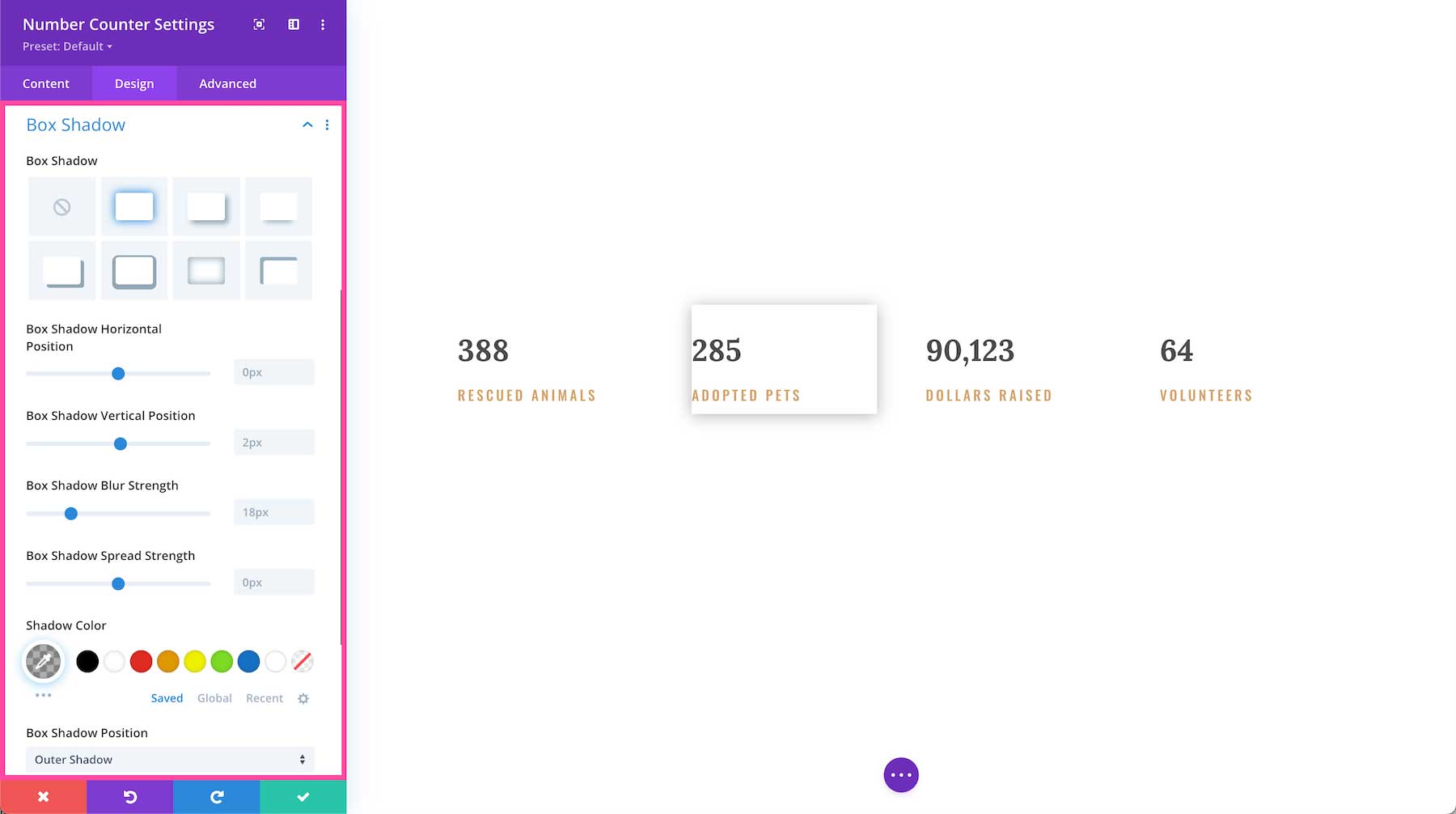 Divi Number Counter Module box shadow