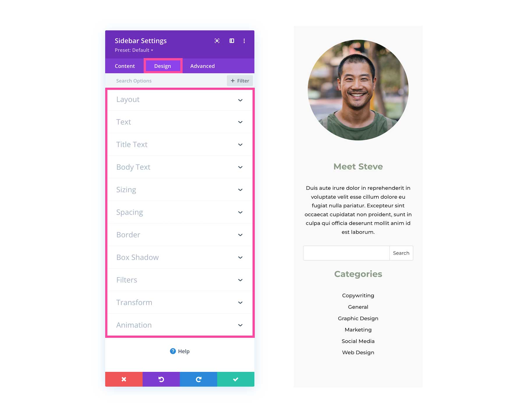 Divi Sidebar Module design settings