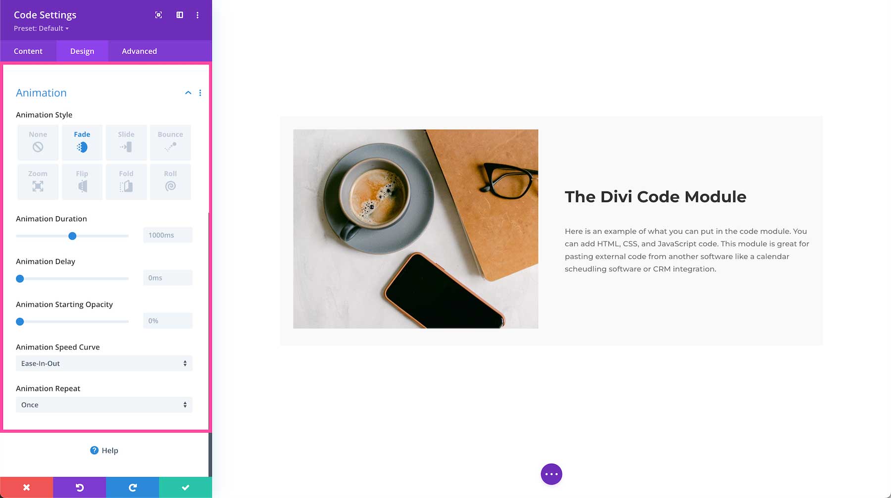 Divi Code Module animation options