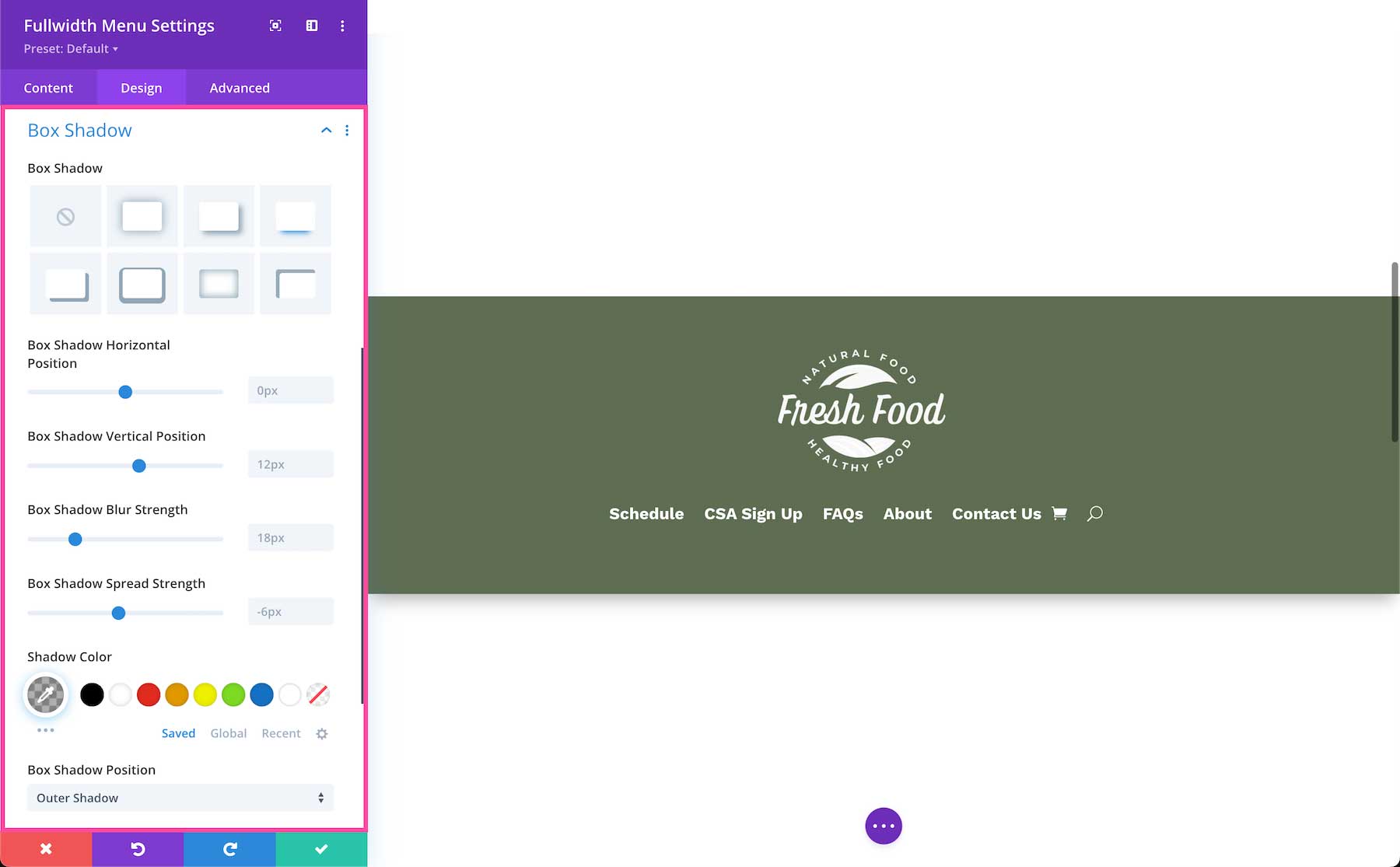 Divi Fullwidth Menu Module box shadow