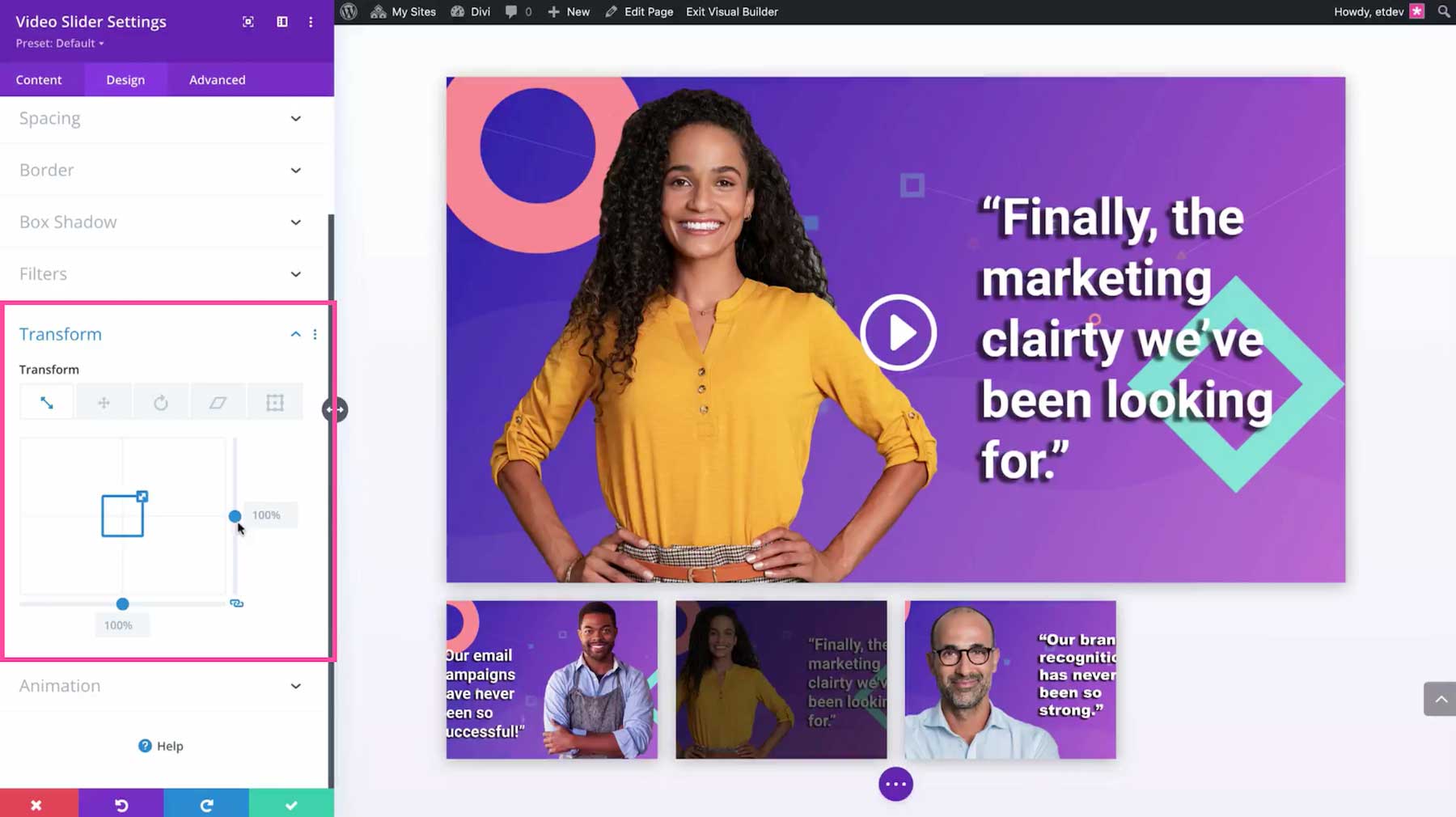 Divi Video Slider transform options