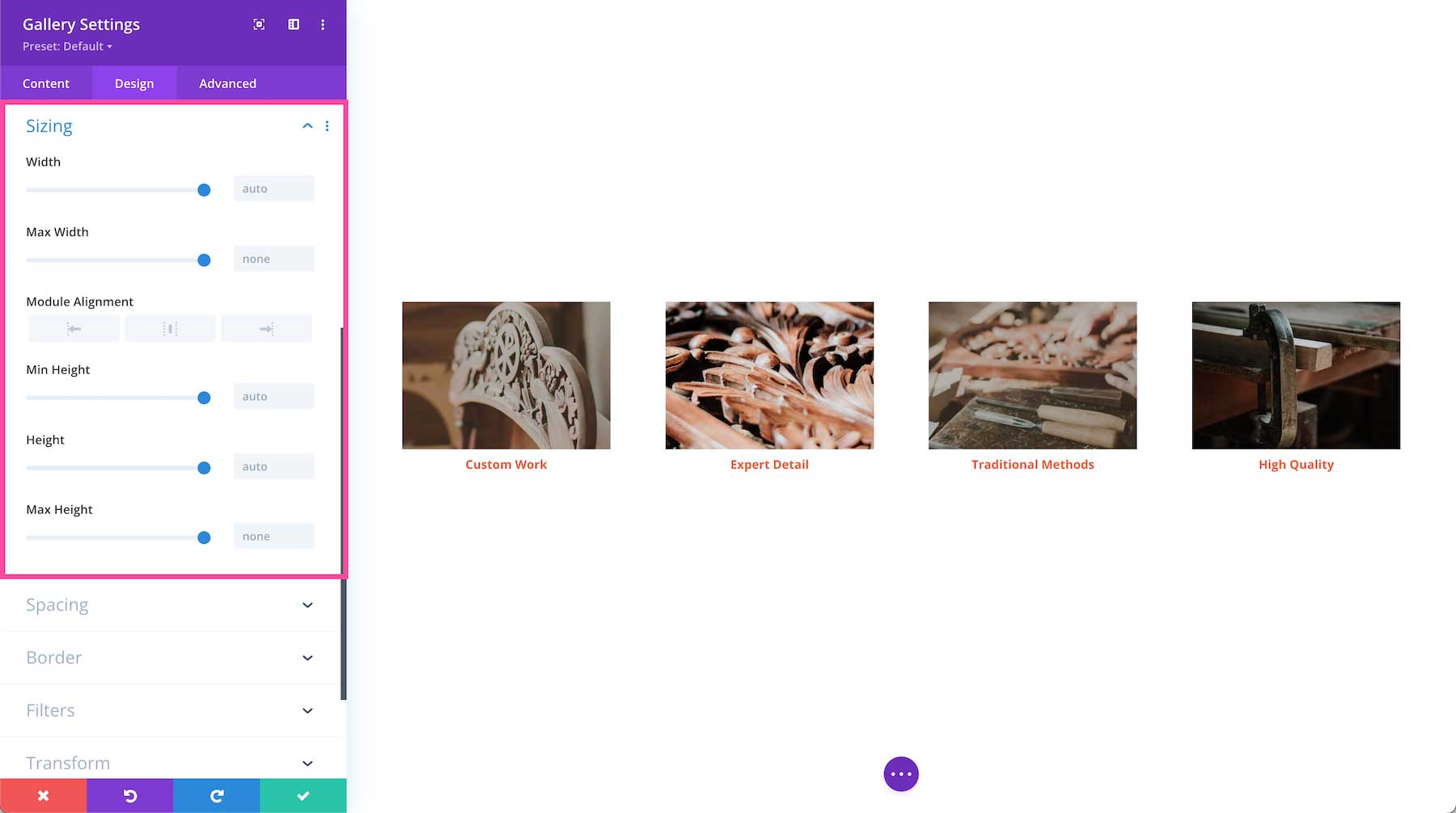 Divi Gallery Module sizing options